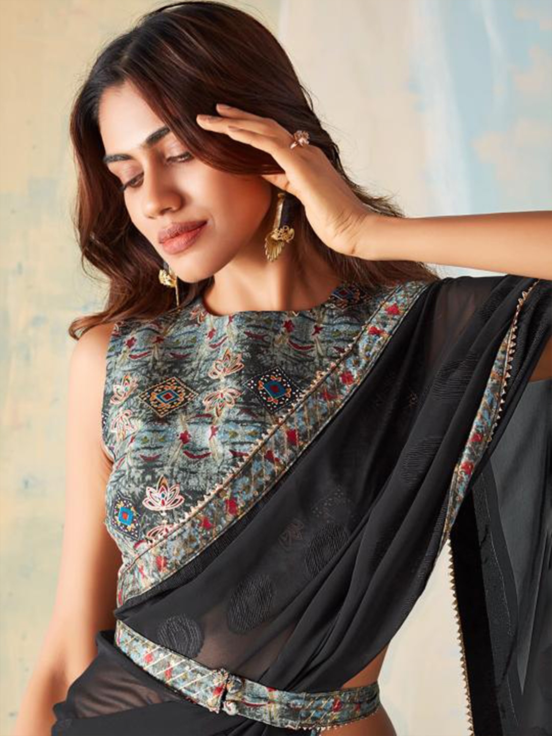 

Mitera Black Geometric Woven Design Pure Georgette Saree