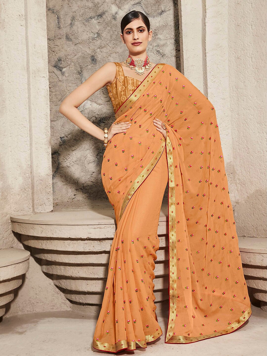 

Mitera Floral Embroidered Pure Chiffon Saree, Orange