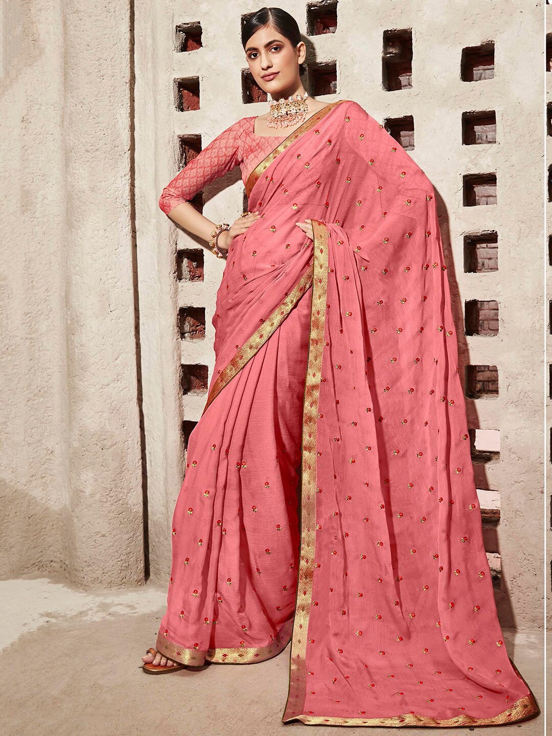 

Mitera Pink Floral Embroidered Zari Pure Chiffon Saree