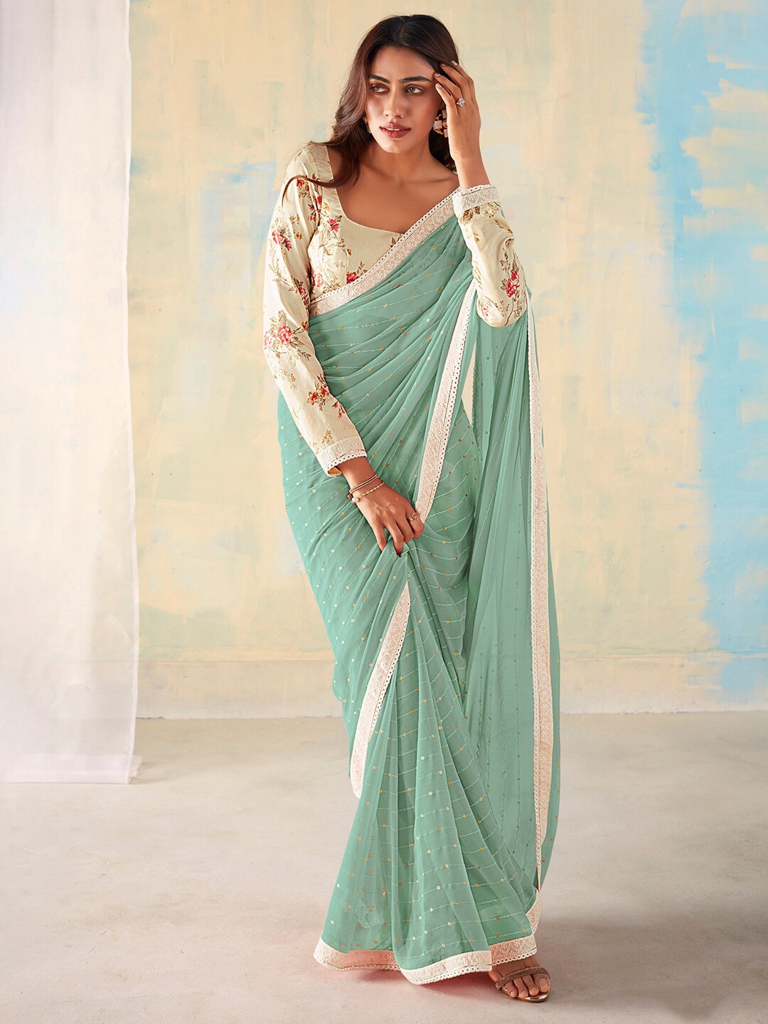 

Mitera Embellished Sequinned Pure Georgette Saree, Sea green