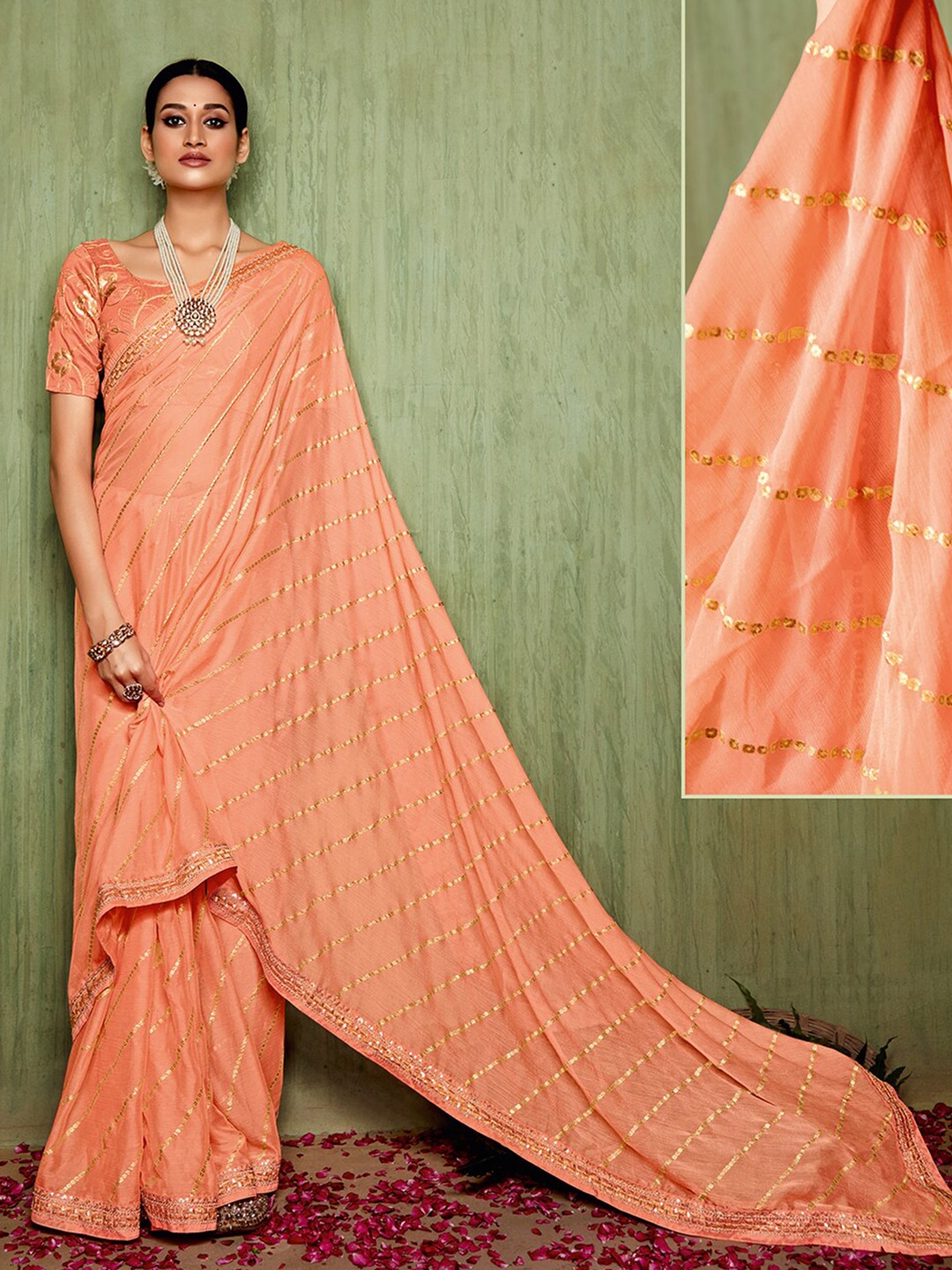 

Mitera Embellished Sequinned Pure Chiffon Saree, Peach