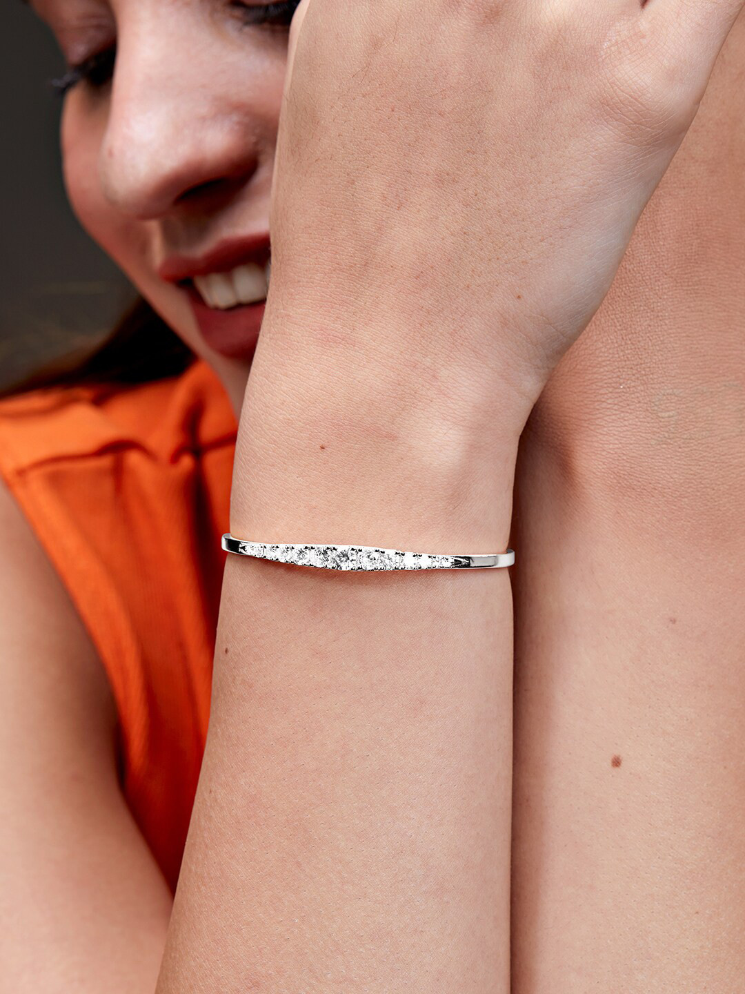 

MINUTIAE Silver-Plated Brass Crystals Stone Studded Cuff Bracelet