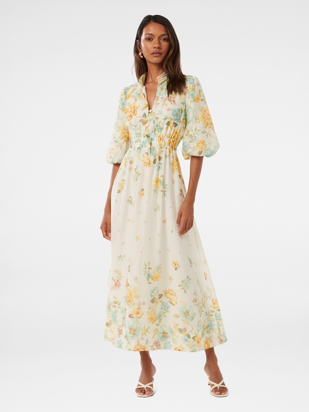 

Forever New Mandarin Collar Floral Print Puff Sleeve Fit & Flare Maxi Dress, Off white