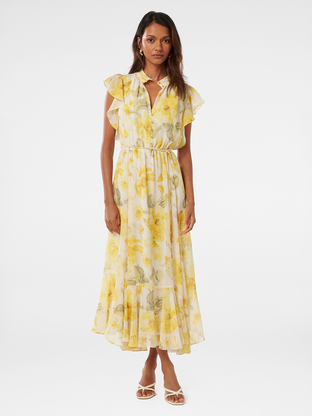 

Forever New Mandarin Collar Floral Print Flutter Sleeve Fit & Flare Midi Dress, Yellow