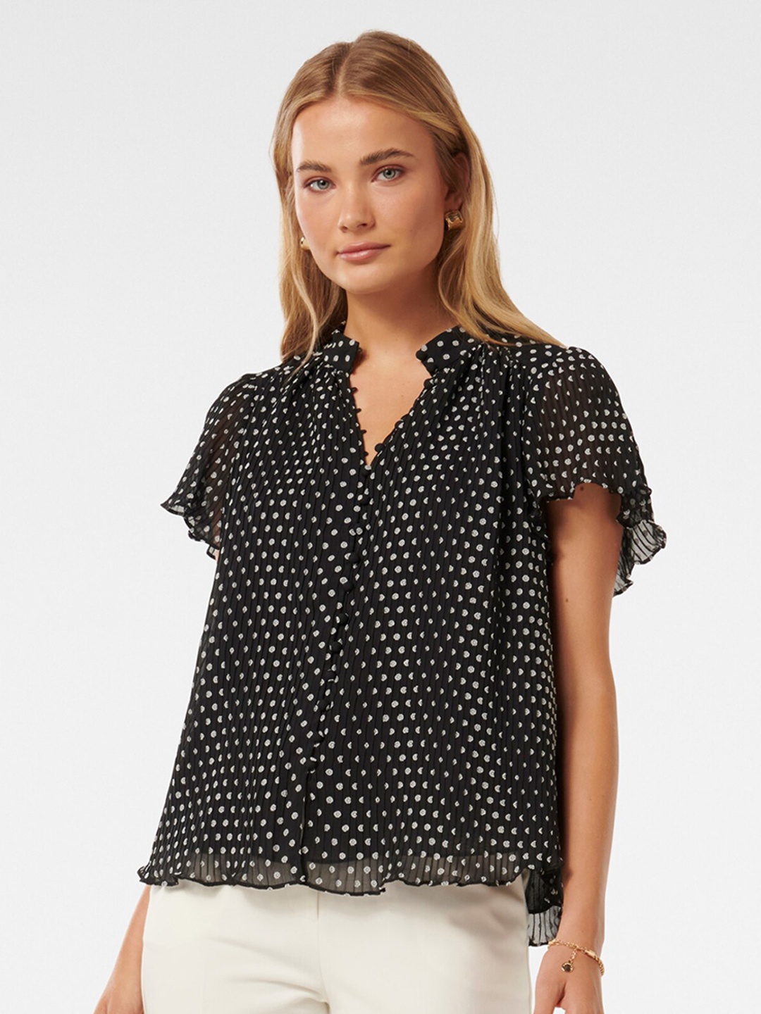 

Forever New Polka Dot Printed Mandarin Collar Flutter Sleeves A-Line Top, Navy blue