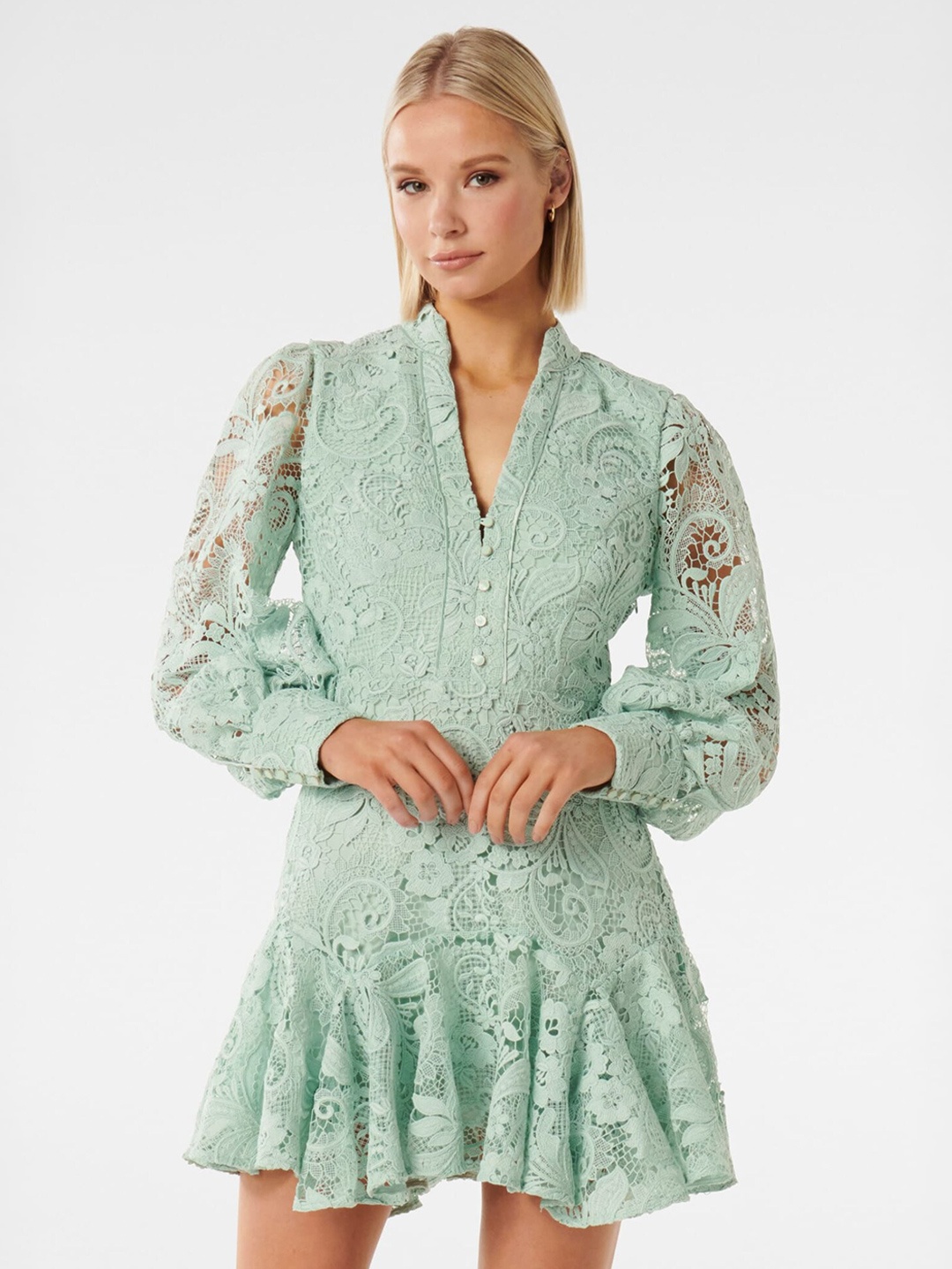 

Forever New Mandarin Collar Puff Sleeve Fit & Flare Dress, Green