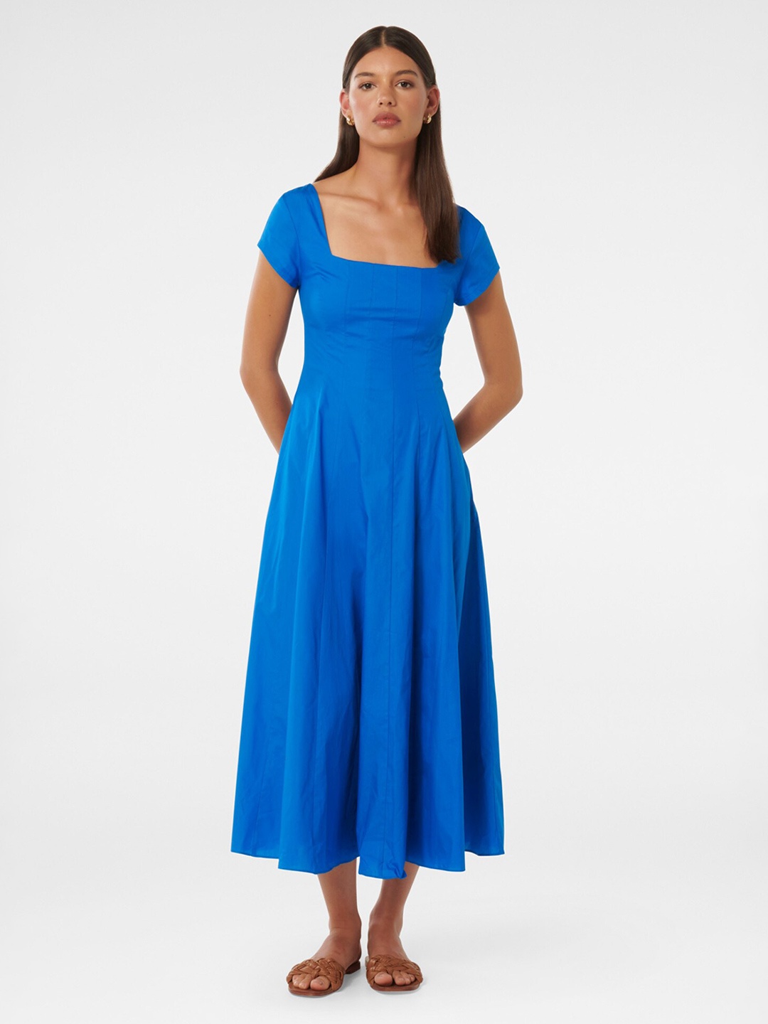 

Forever New Square Neck Cap Sleeves Cotton Fit & Flare Midi Dress, Navy blue