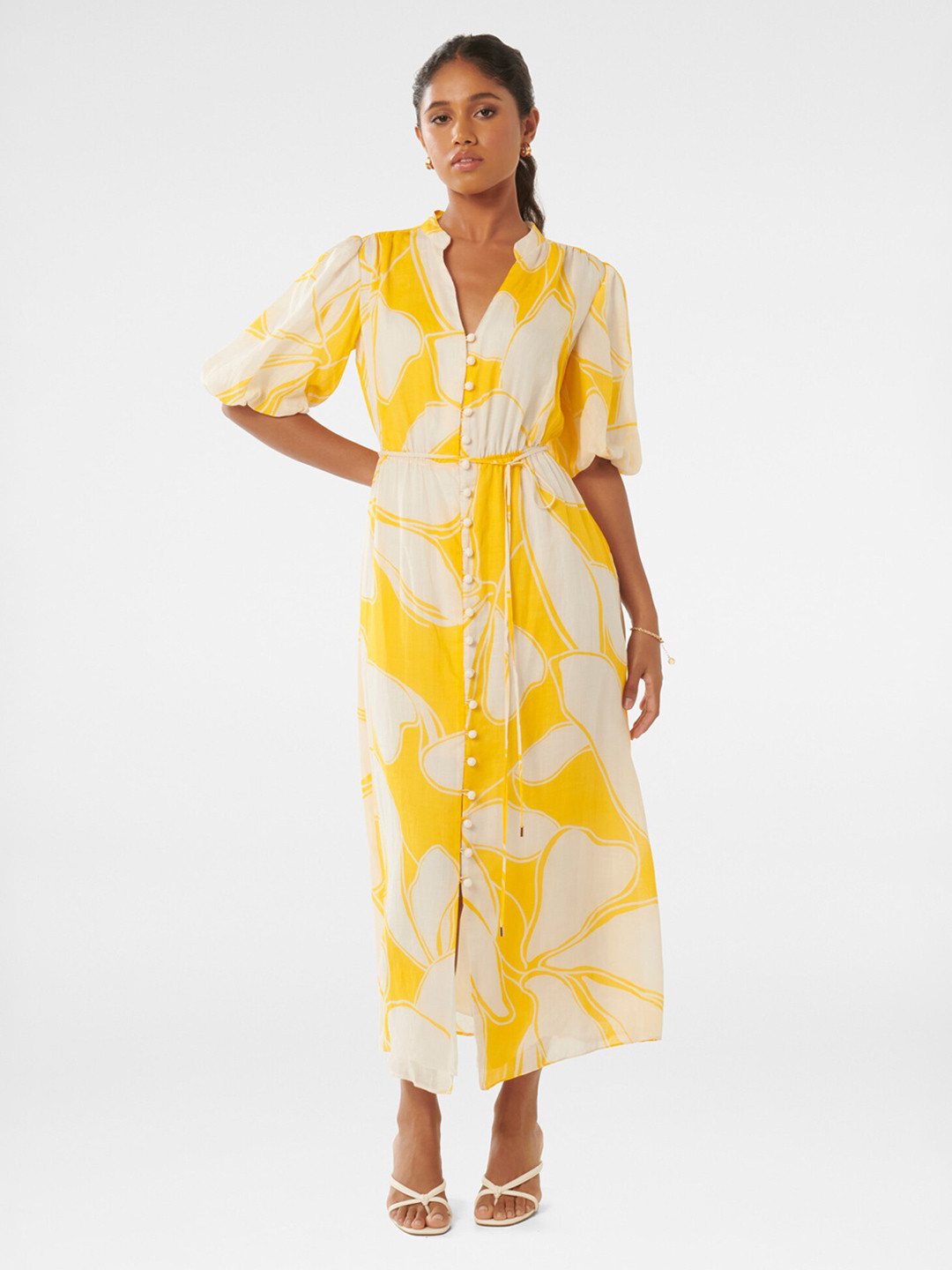 

Forever New Mandarin Collar Abstract Puff Sleeves Print Maxi Dress, Yellow