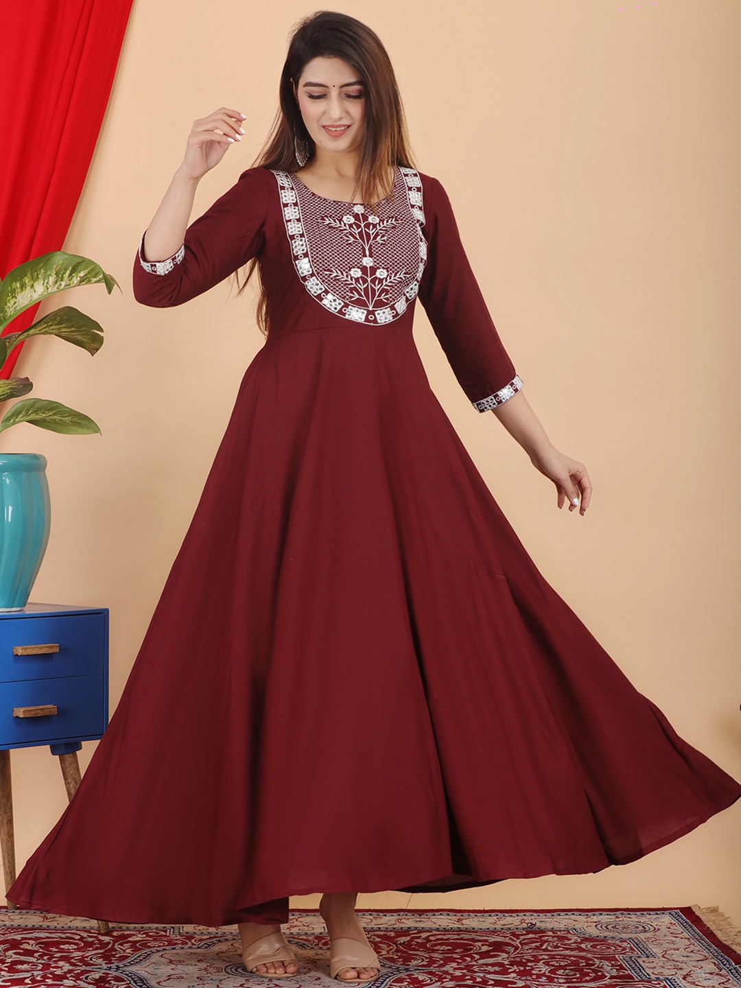 

DSS FASHION Floral Yoke Design Thread Work Anarkali Kurta, Maroon
