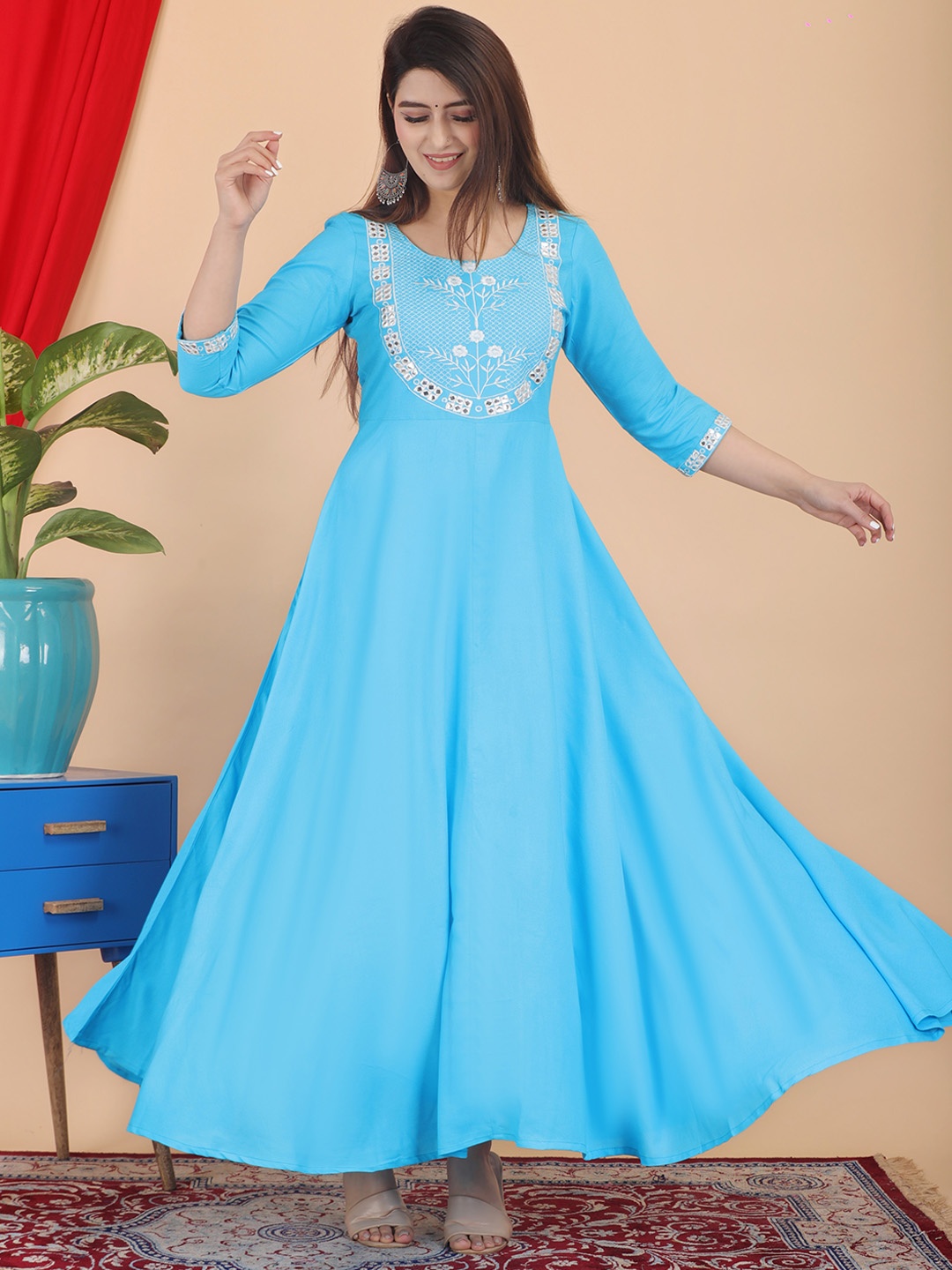 

DSS FASHION Floral Yoke Design Thread Work Anarkali Kurta, Turquoise blue