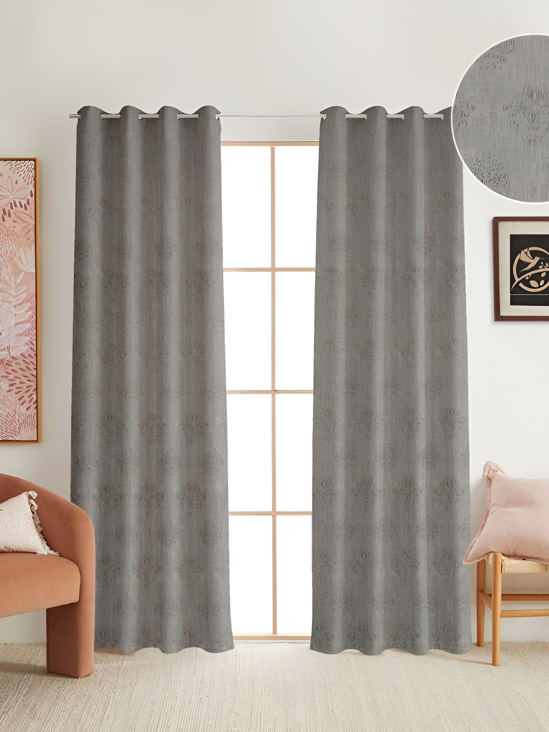 

RIDHAAN Grey 2 Pieces Ethnic Motifs Textured Room Darkening Window Curtains