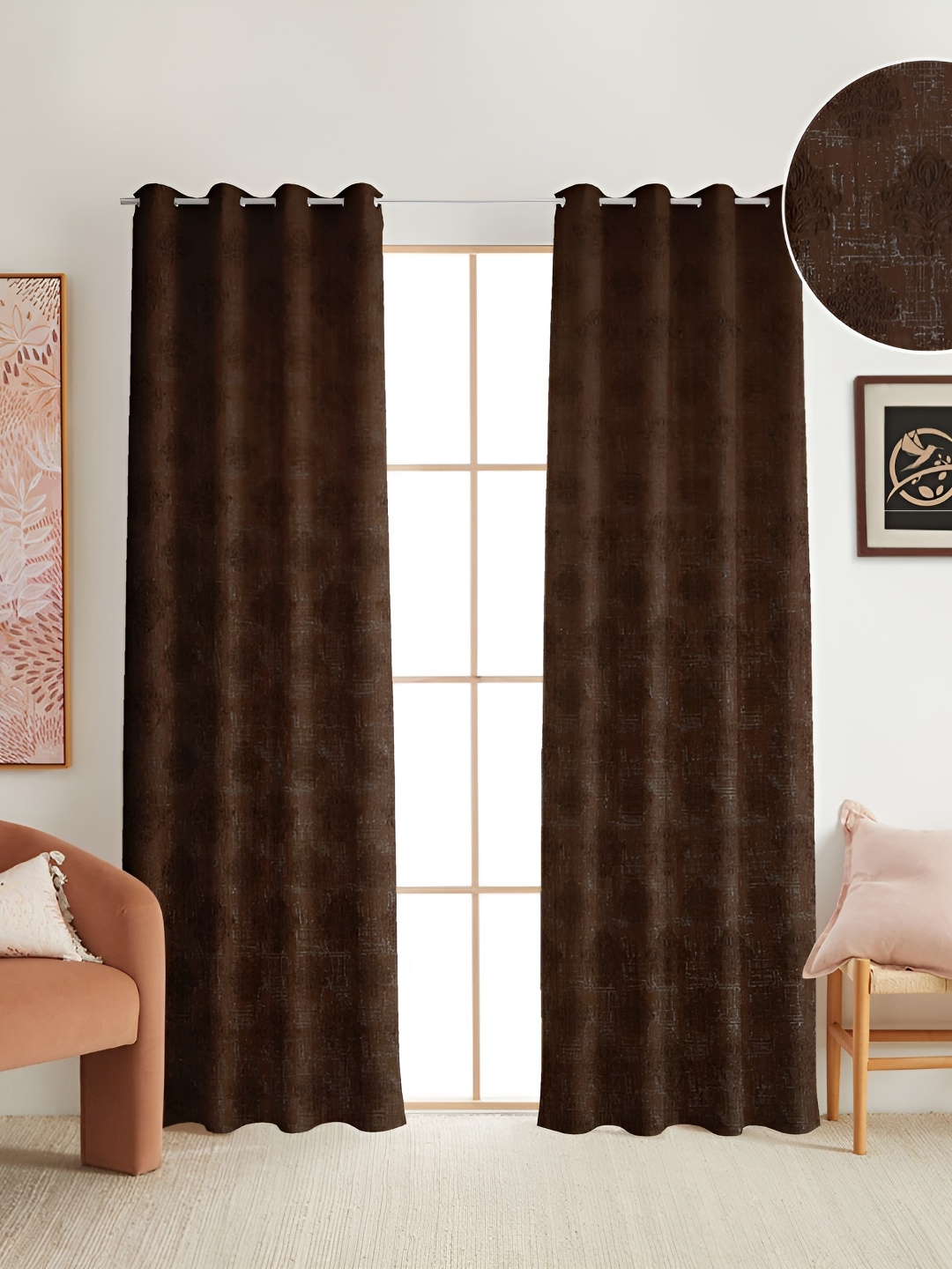 

RIDHAAN Brown 2 Pieces Ethnic Motifs Textured Room Darkening Long Door Curtains