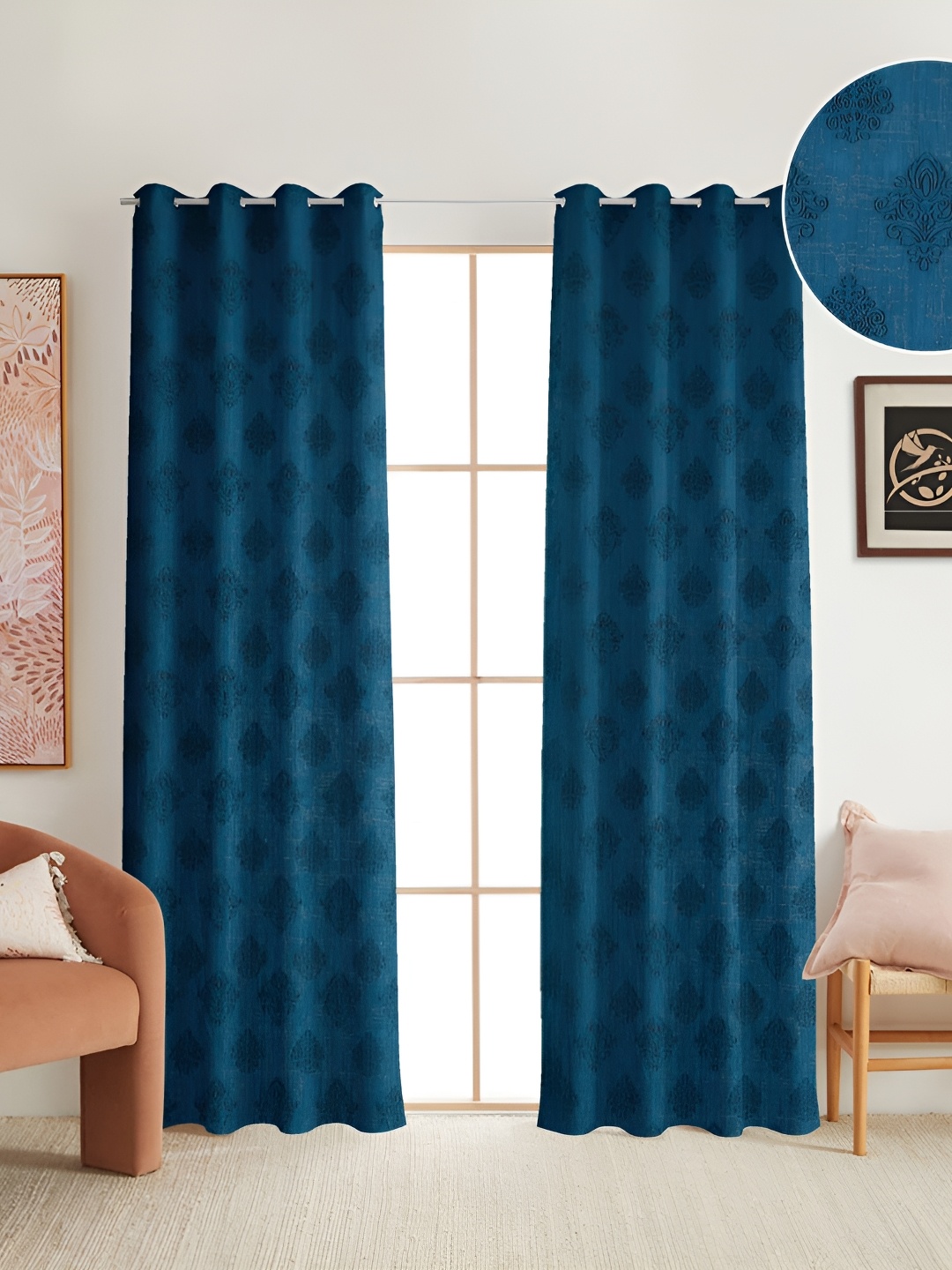 

RIDHAAN Blue 2 Pieces Ethnic Motifs Textured Room Darkening Long Door Curtains