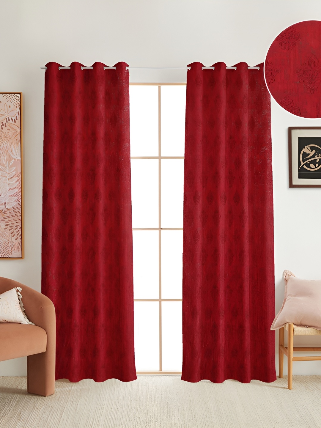 

RIDHAAN Maroon 2 Pieces Ethnic Motifs Textured Room Darkening Long Door Curtains