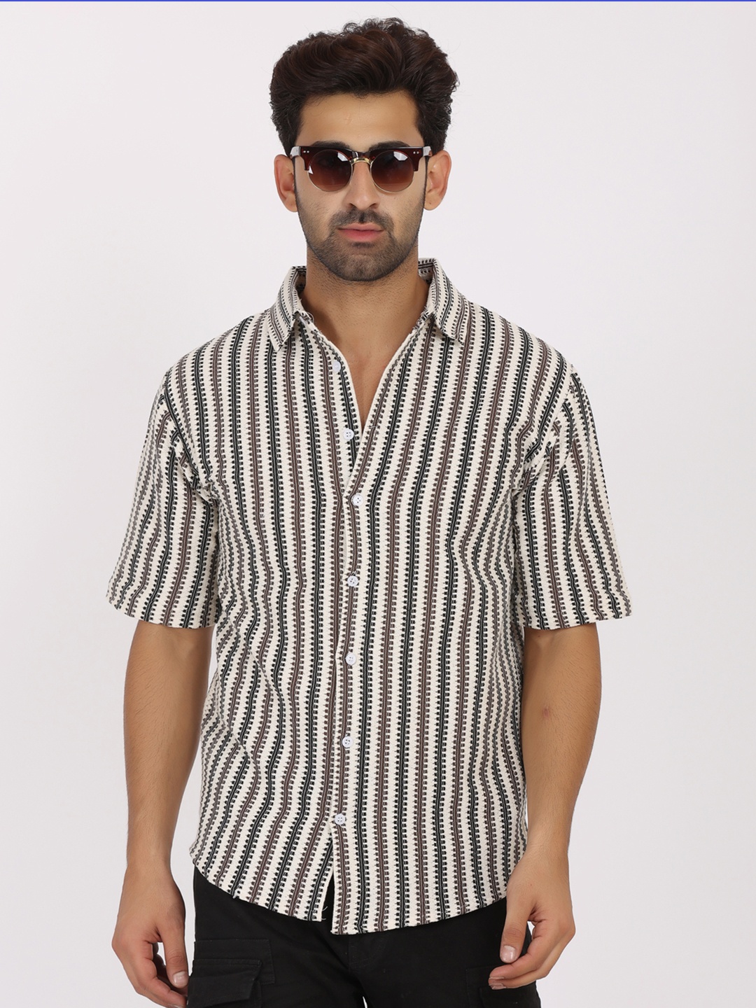 

SIGHTBOMB Smart Fit Textured Spread Collar Crochet Cotton Casual Shirt, Beige