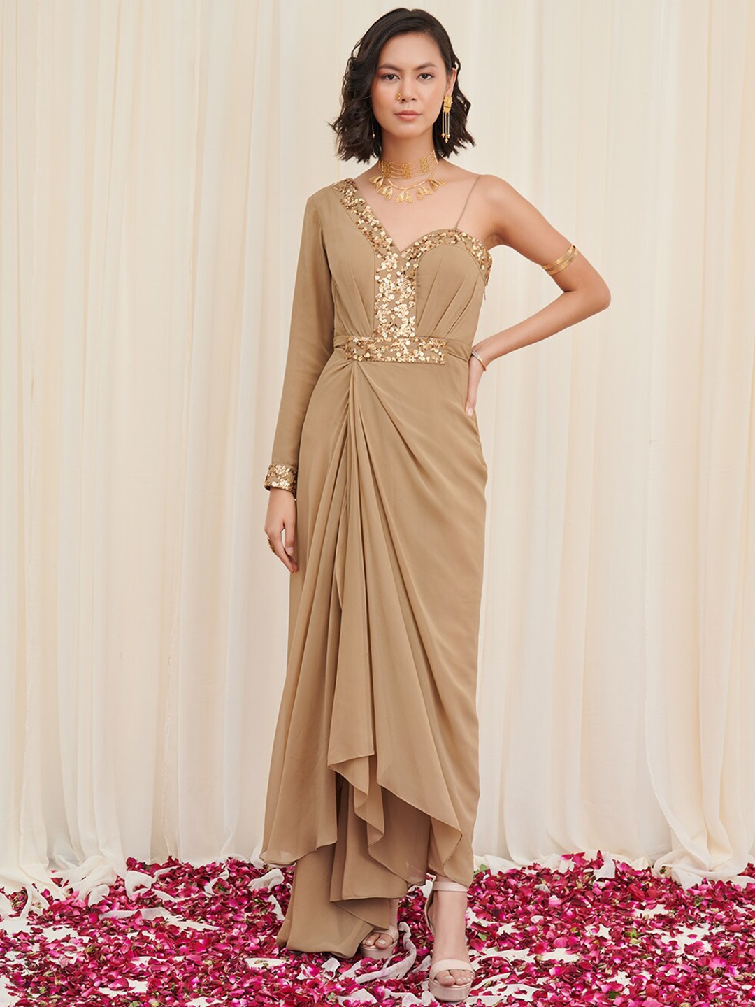

RIRASA One Shoulder Long Sleeves Georgette Maxi Dress, Beige