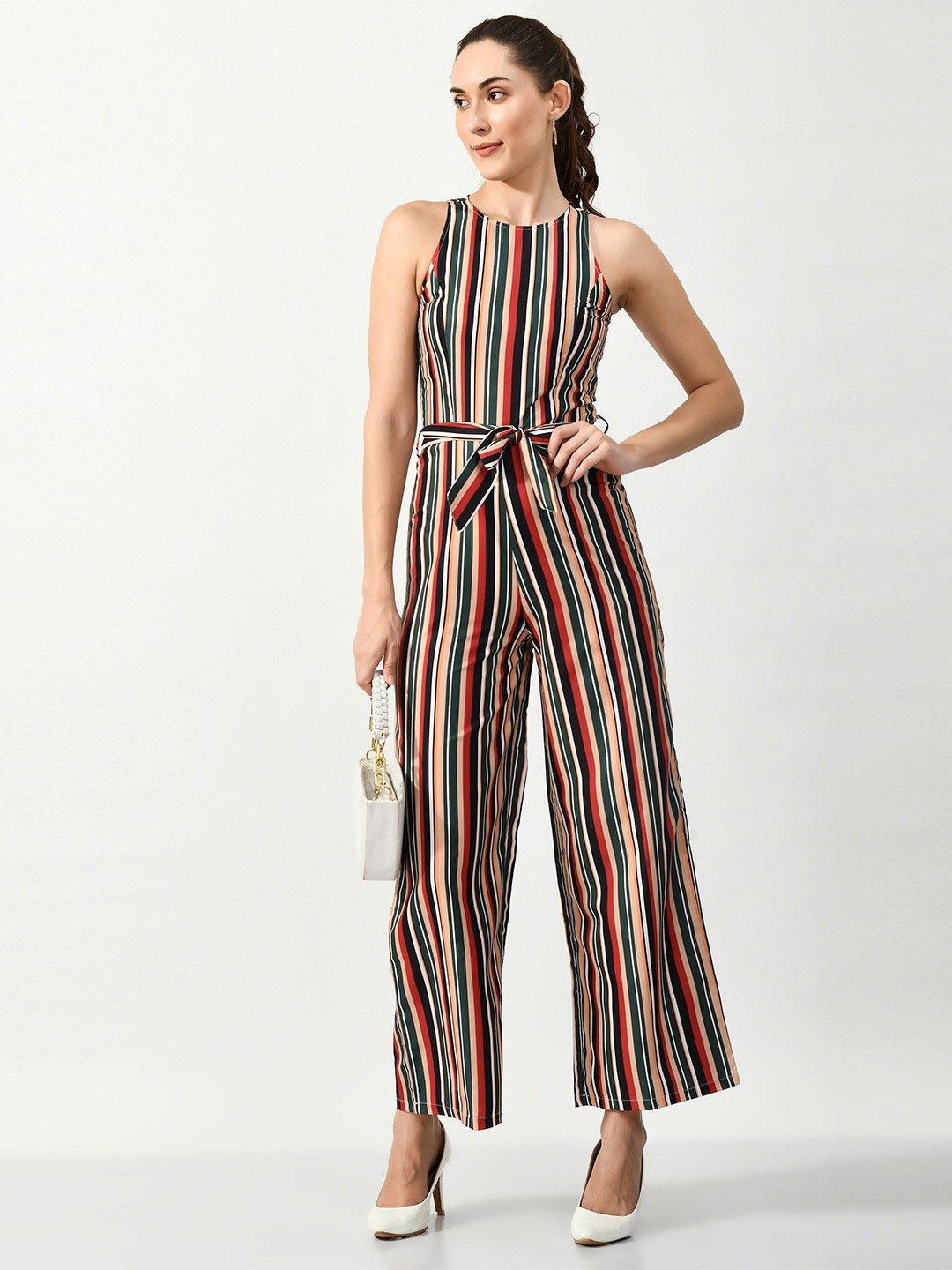 

WAYLENE Striped Waist Tie-Ups Basic Jumpsuit, Beige
