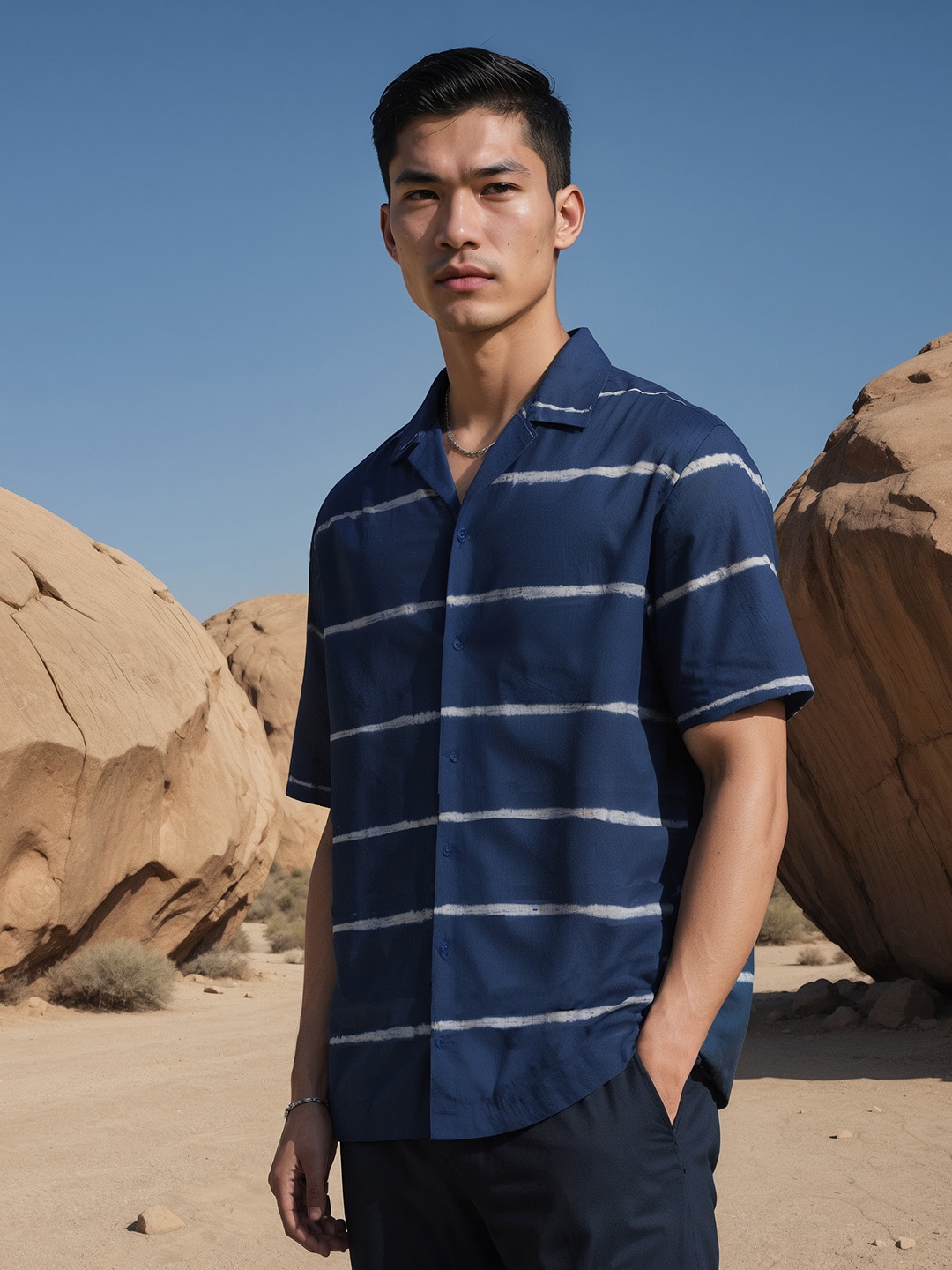 

H&M Linen Blend Tie & Dye Resort Shirt, Blue