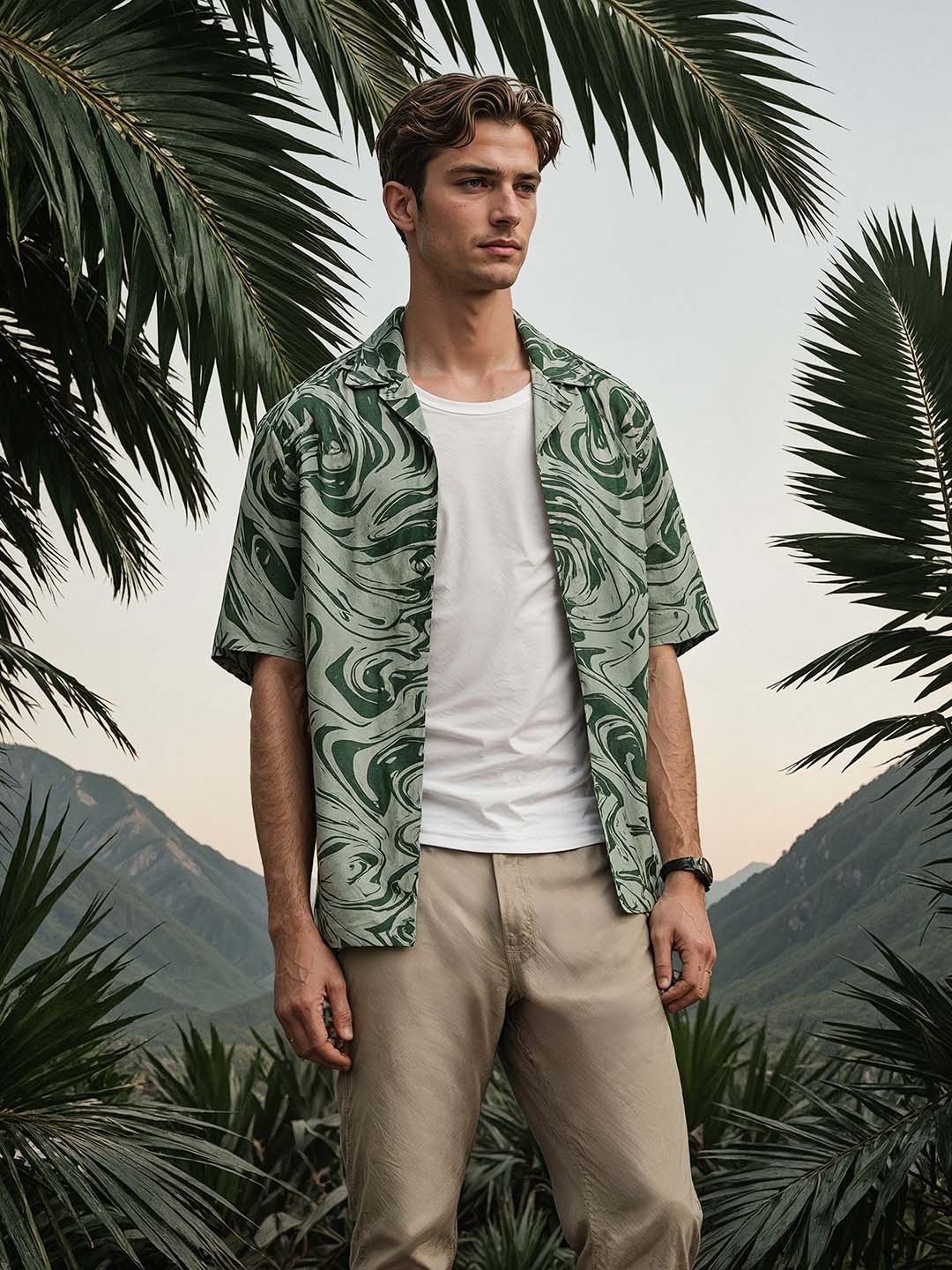 

H&M Linen Blend Abstract Print Resort Shirt, Green