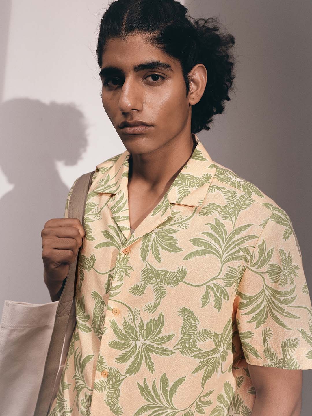 

H&M Linen Blend Tropical Print Shirt, Beige