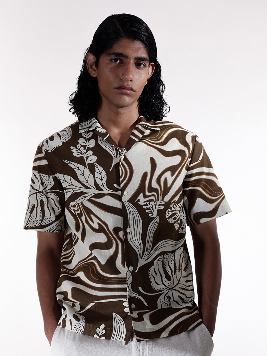 

H&M Linen Blend Abstract Print Resort Shirt, Brown