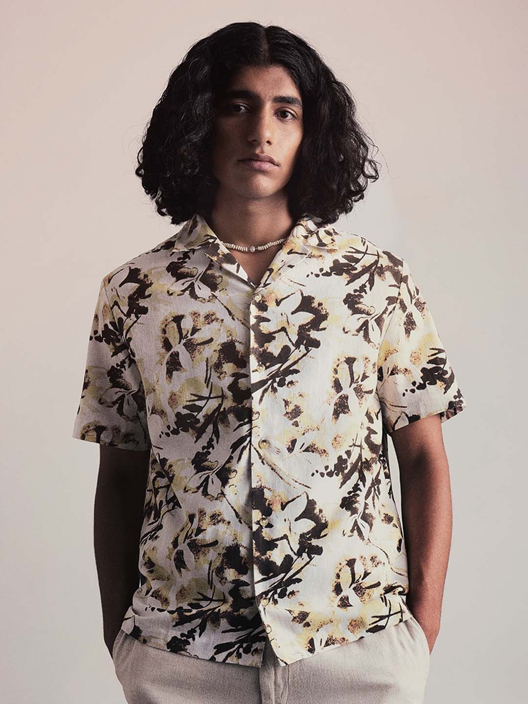 

H&M Linen Blend Printed Resort Shirt, Off white