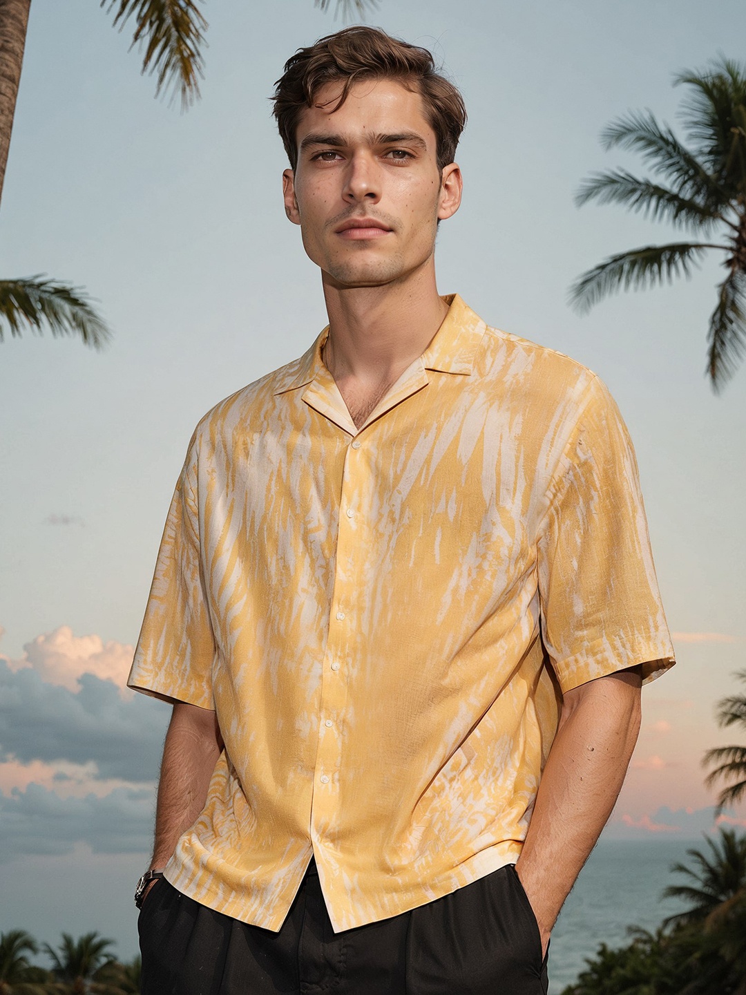 

H&M Linen Blend Tie & Dye Resort Shirt, Yellow