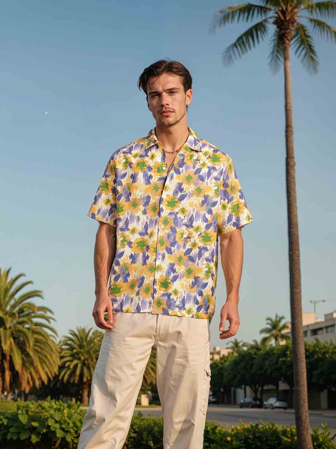 

H&M Linen Blend Abstract Print Resort Shirt, Yellow