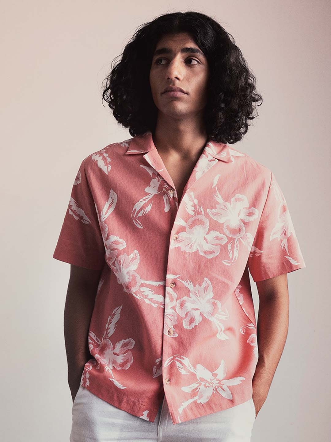 

H&M Linen Blend Floral Print Resort Shirt, Peach