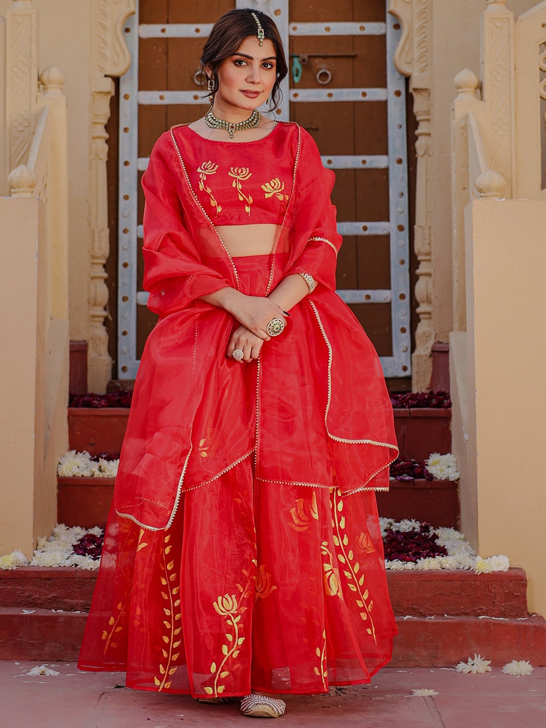 

Thread & Button Hand Painted Ready to Wear Organza Lehenga Blouse With Dupatta, Red