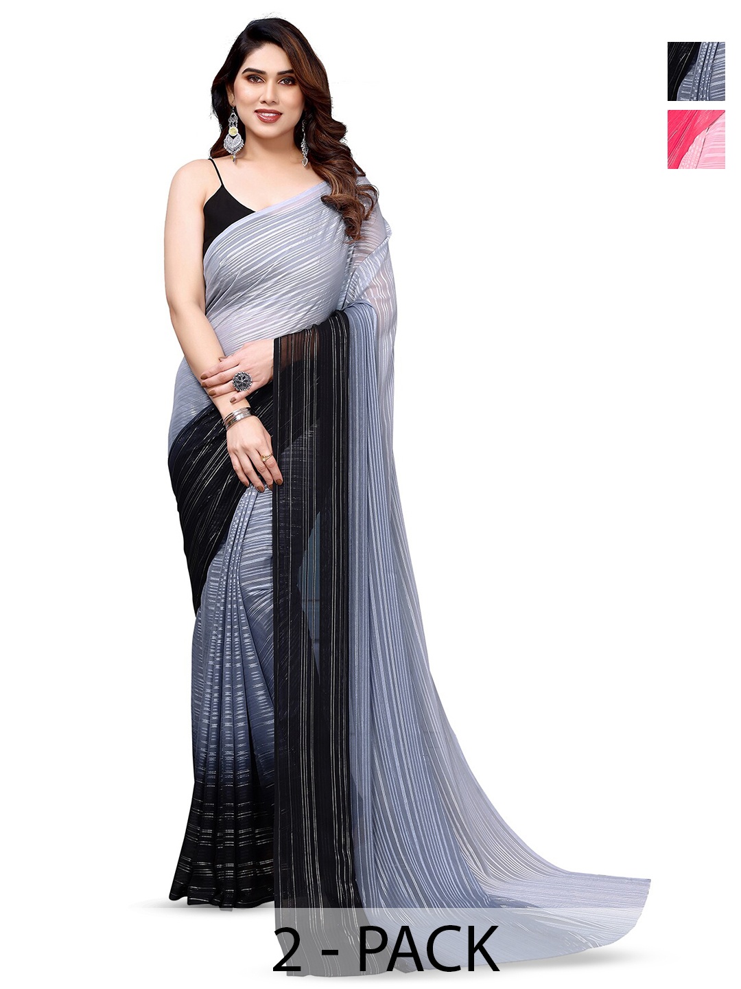 

ANAND SAREES Selection Of 2 Striped Satin Saree, Black