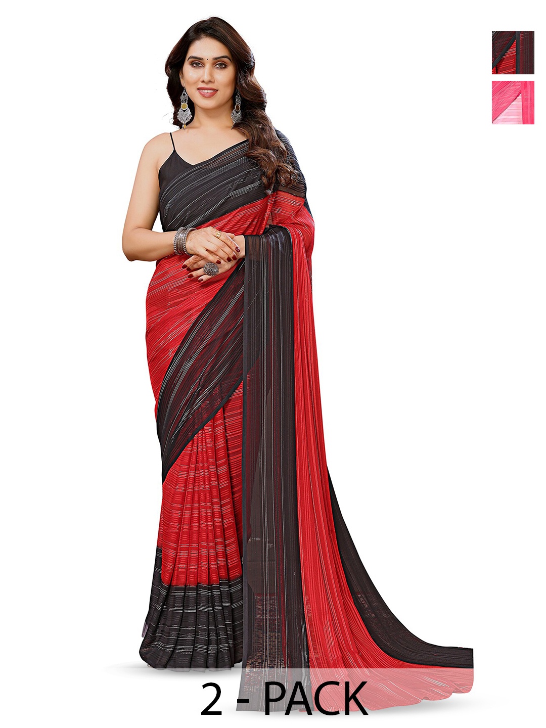 

ANAND SAREES Selection Of 2 Striped Satin Sarees, Red