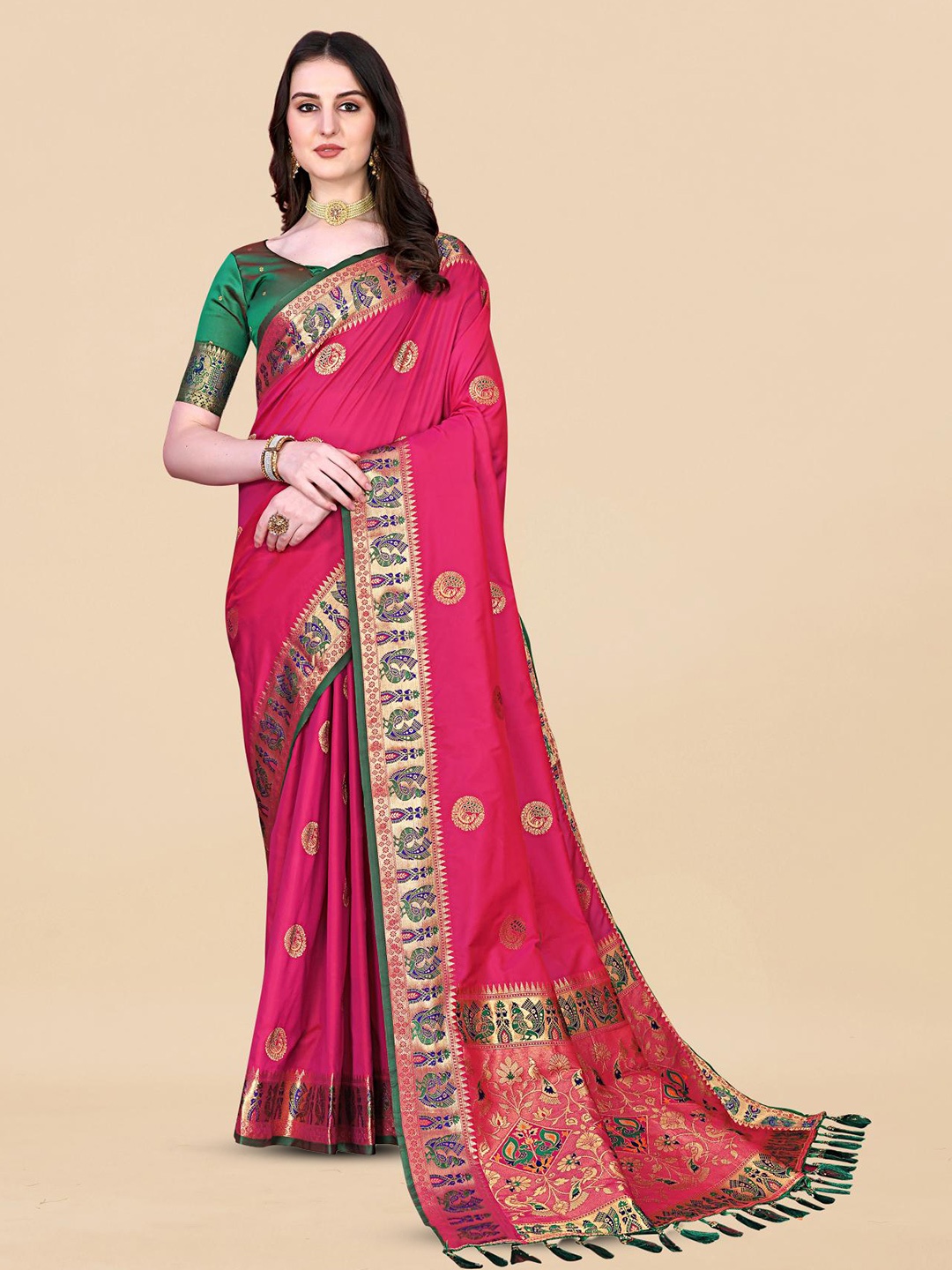 

PATIALAPICKS Woven Design Zari Pure Silk Paithani Saree, Pink