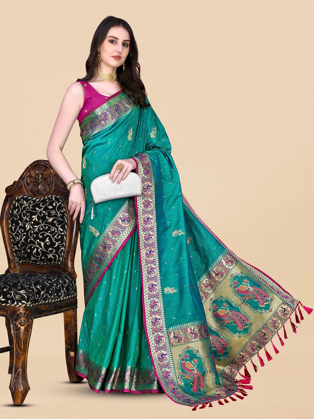 

PATIALAPICKS Woven Design Zari Pure Silk Heavy Work Paithani Saree, Sea green