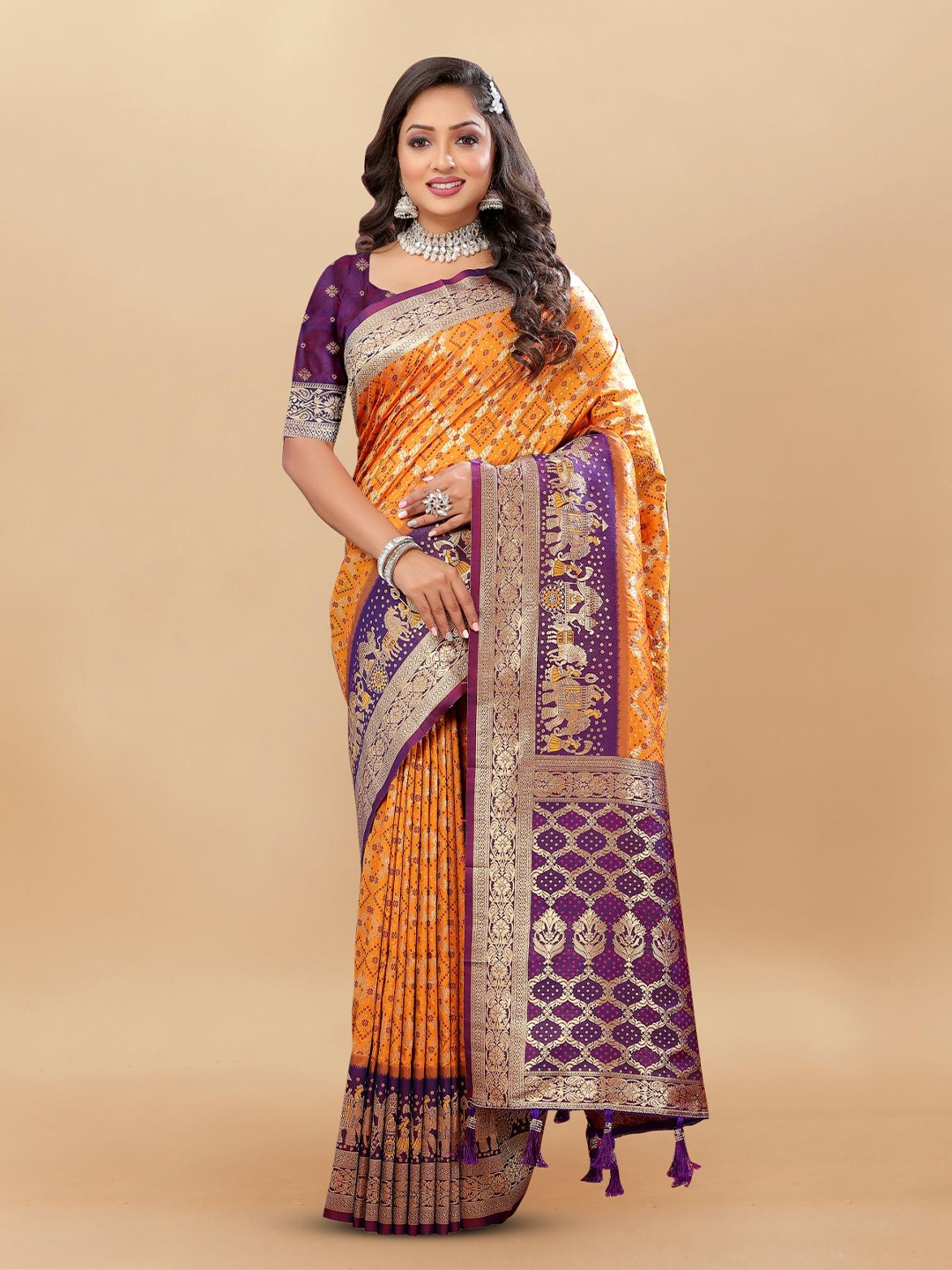

PATIALAPICKS Woven Design Zari Pure Silk Patola Saree, Mustard
