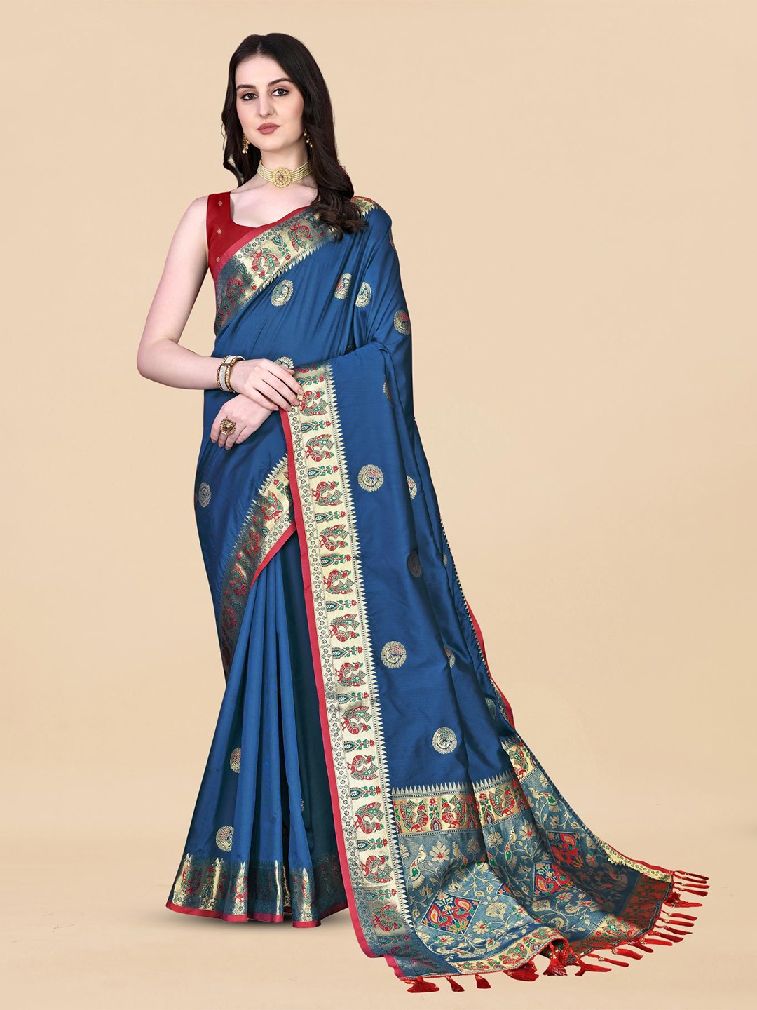 

PATIALAPICKS Woven Design Zari Pure Silk Heavy Work Paithani Saree, Blue