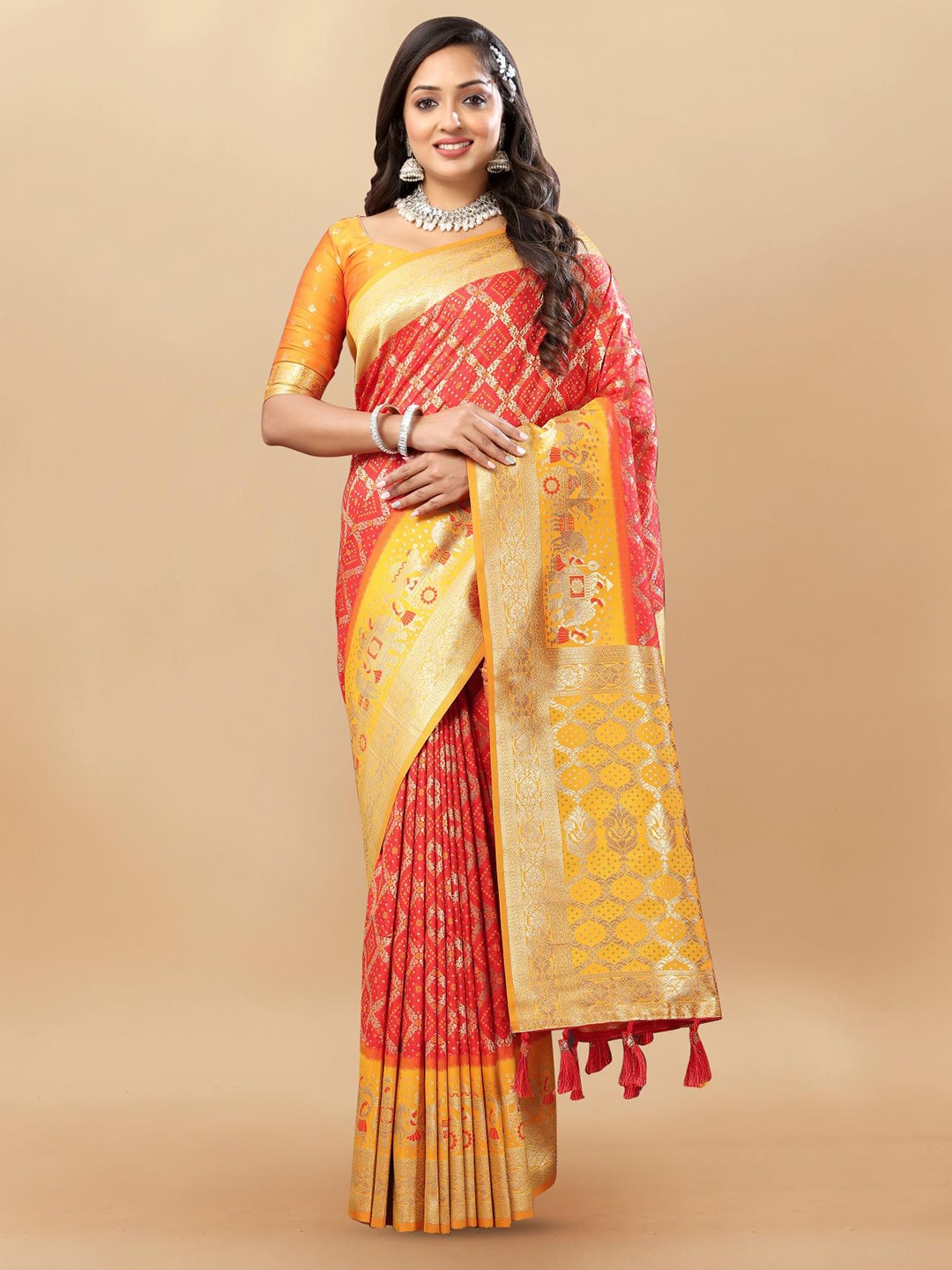 

PATIALAPICKS Woven Design Zari Pure Silk Patola Saree, Orange