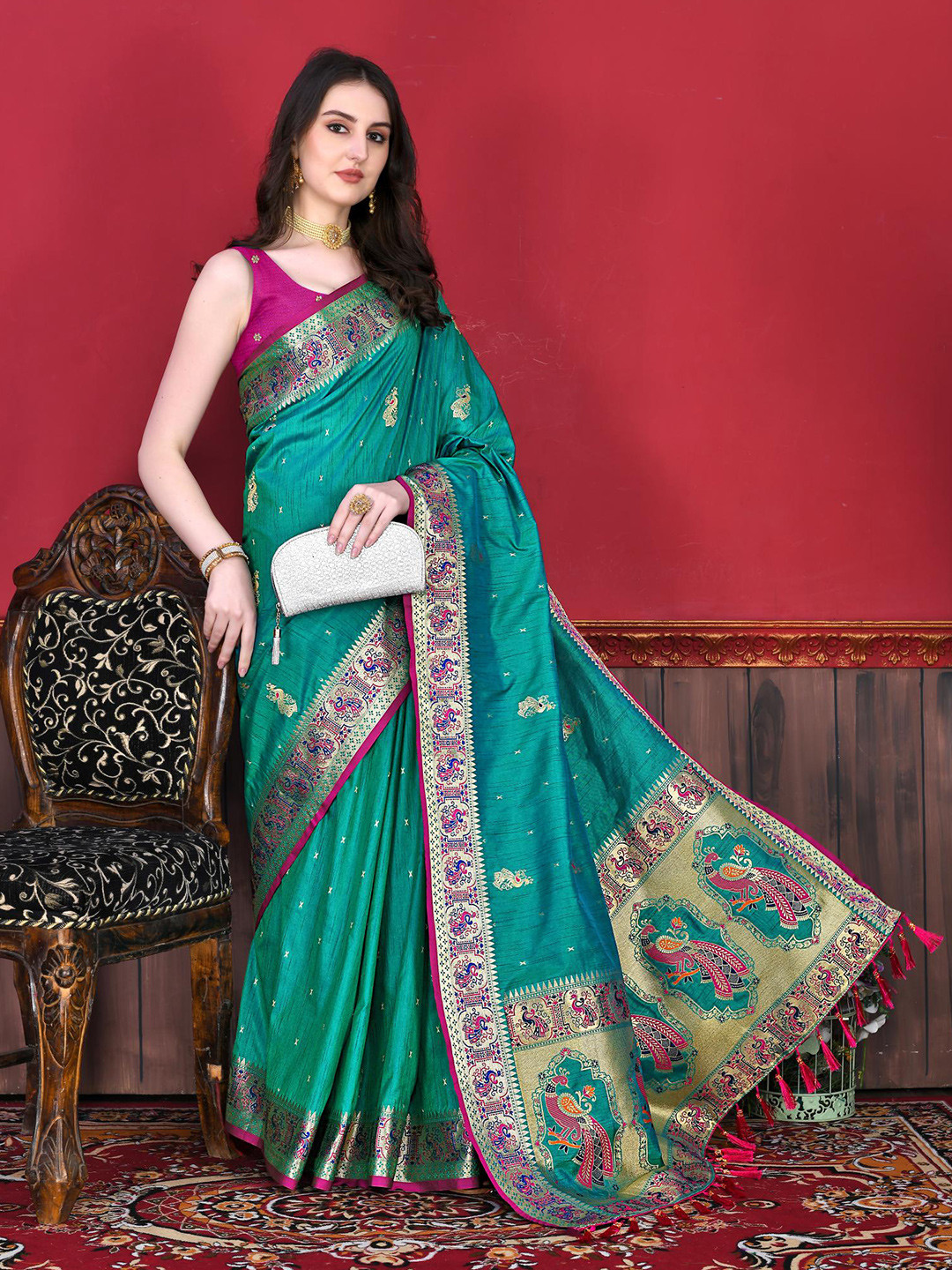 

PATIALAPICKS Woven Design Zari Pure Silk Paithani Saree, Sea green
