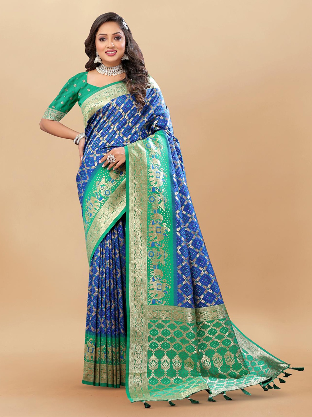 

PATIALAPICKS Woven Design Zari Pure Silk Heavy Work Patola Saree, Blue