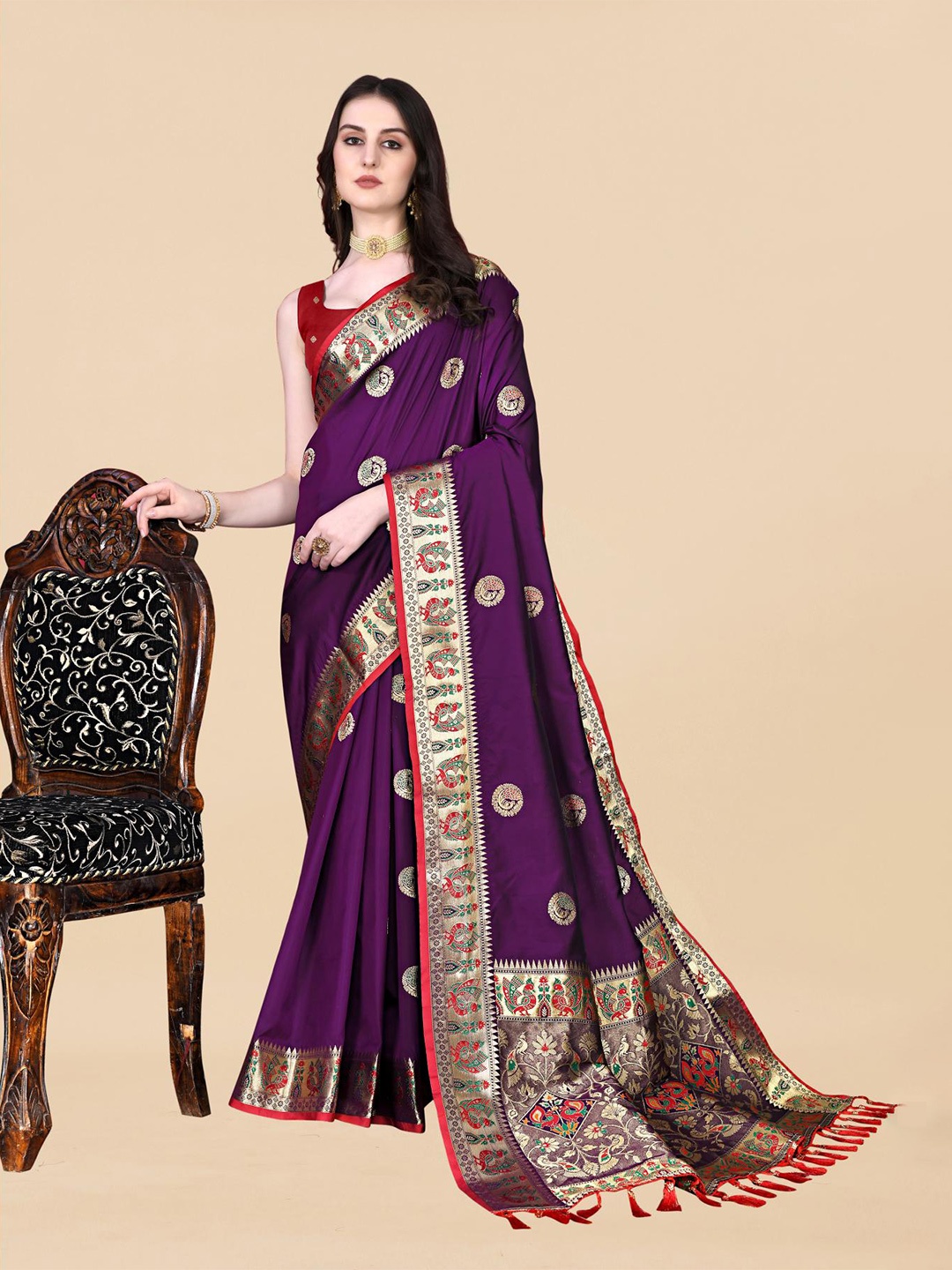 

PATIALAPICKS Woven Design Zari Pure Silk Heavy Work Paithani Saree, Purple