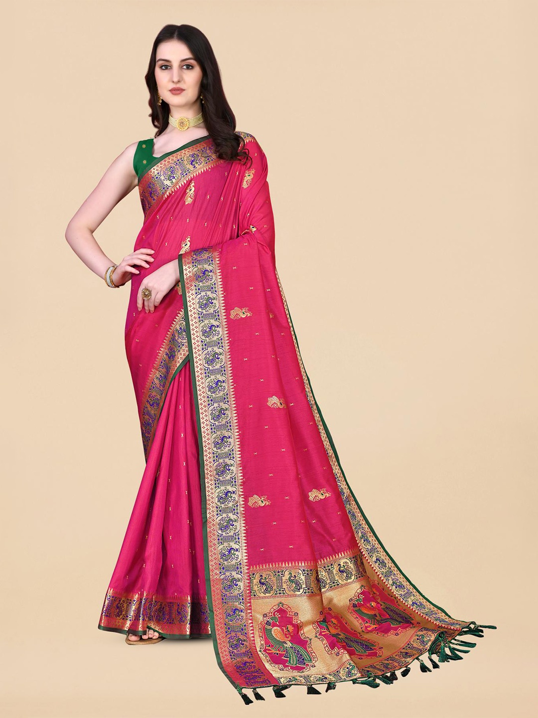 

PATIALAPICKS Woven Design Zari Pure Silk Heavy Work Paithani Saree, Pink