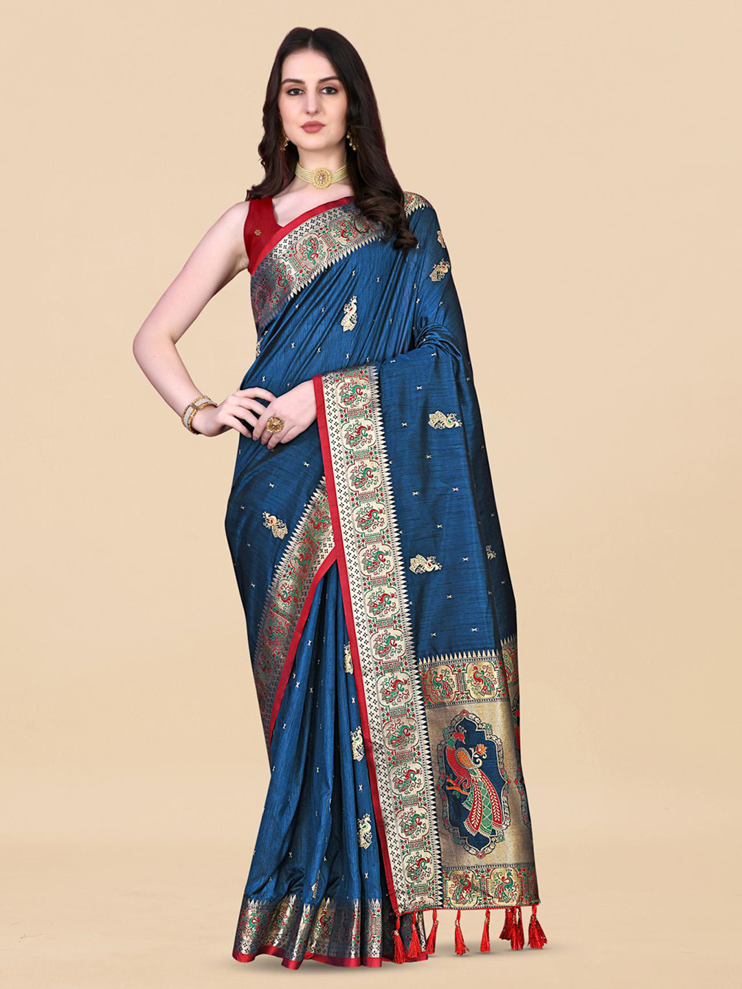 

PATIALAPICKS Woven Design Zari Pure Silk Paithani Saree, Blue