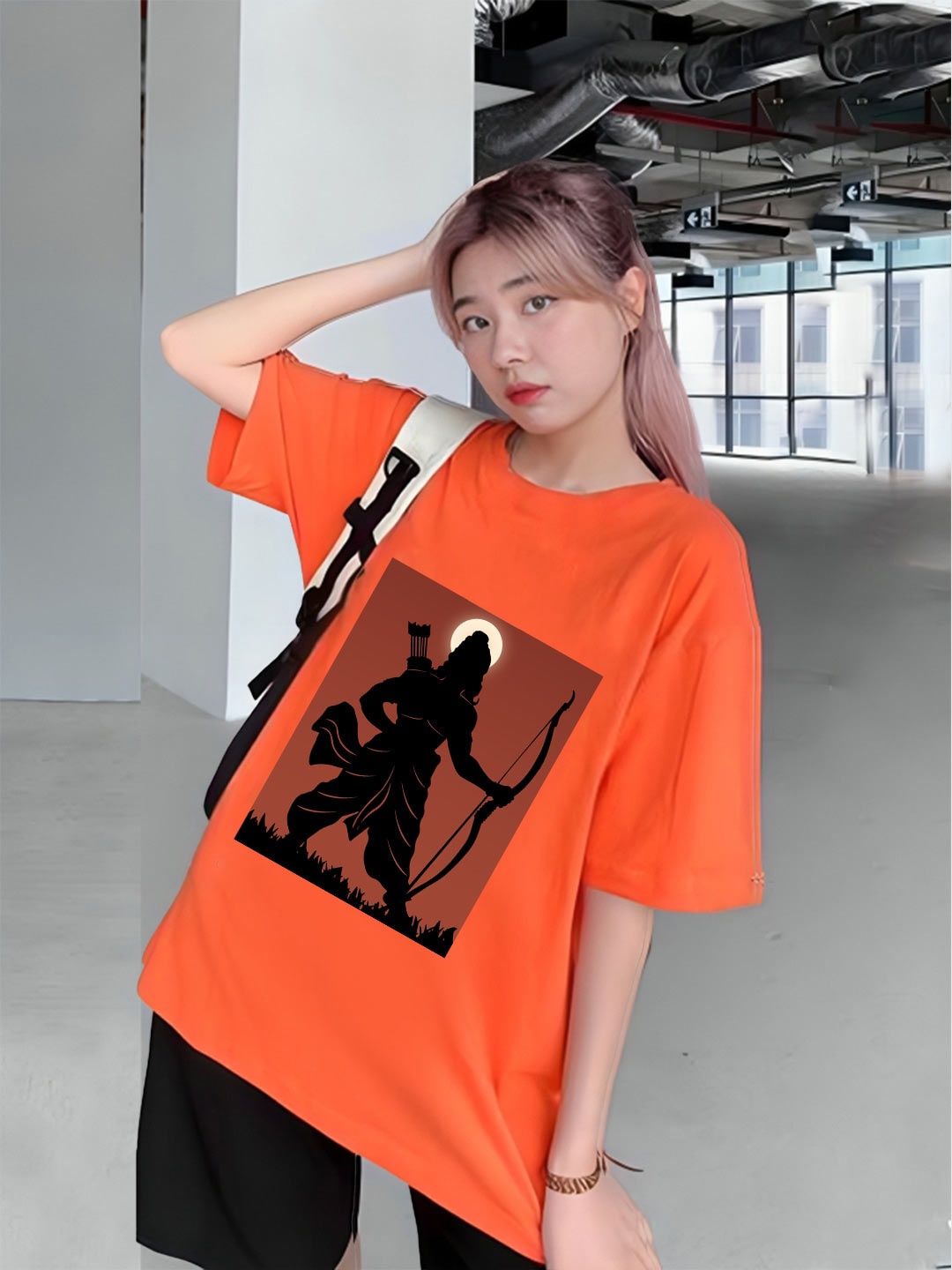 

CHKOKKO Graphic Printed Round Neck Drop-Shoulder Sleeves Oversized T-shirt, Orange