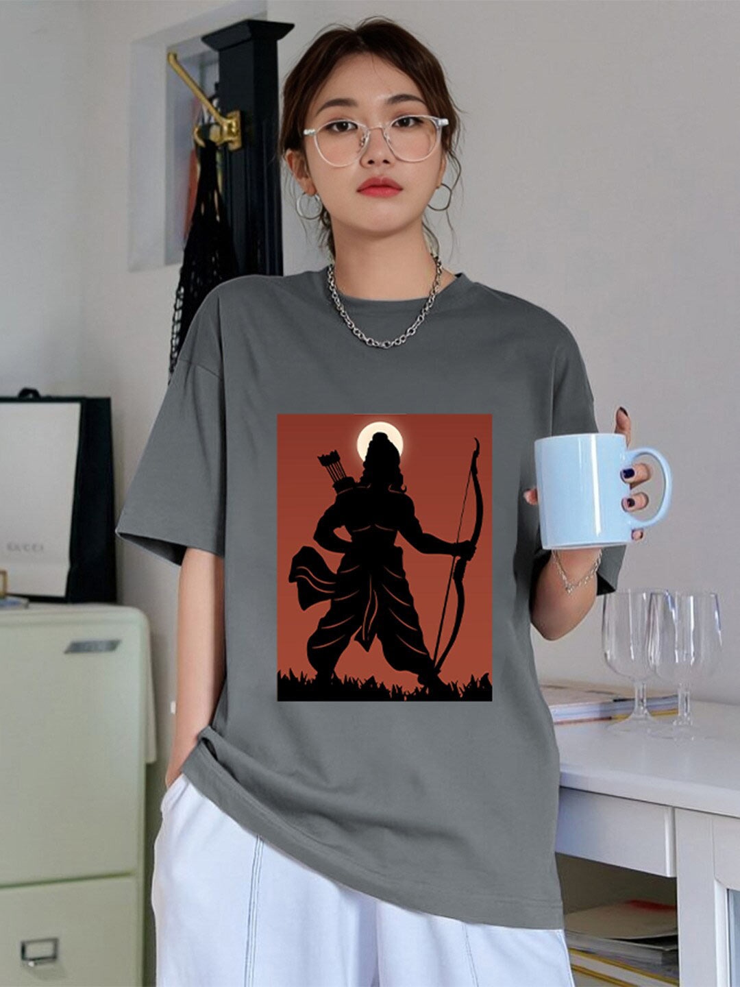 

CHKOKKO Graphic Printed Drop-Shoulder Sleeves Cotton Oversized T-shirt, Grey