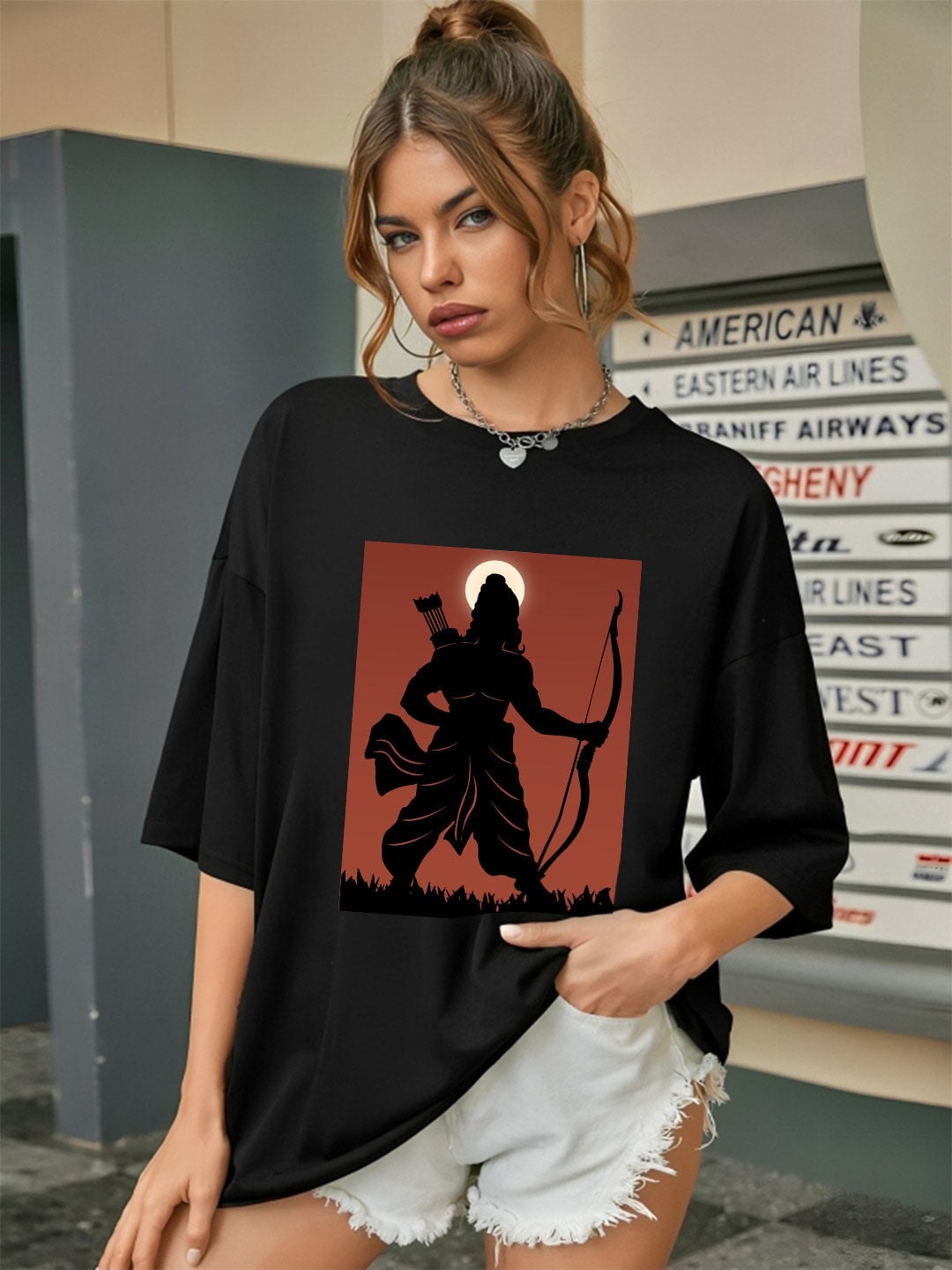 

CHKOKKO Graphic Printed Round Neck Drop-Shoulder Sleeves Oversized T-shirt, Black