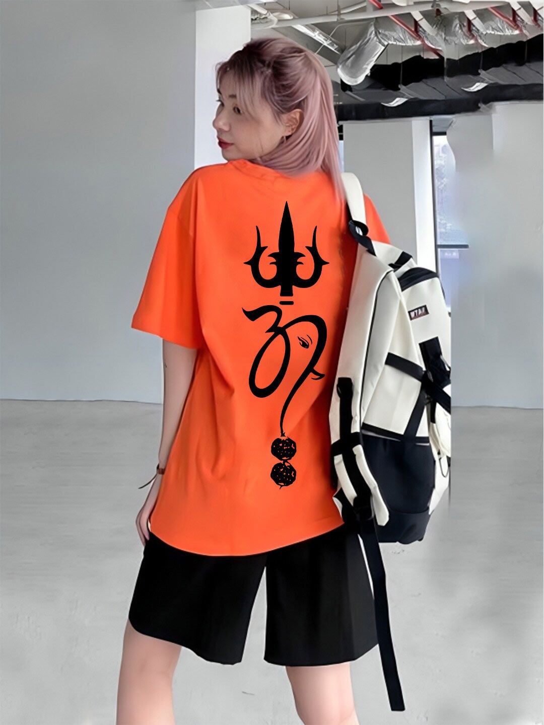

CHKOKKO Graphic Printed Drop-Shoulder Sleeves Cotton Oversized T-shirt, Orange