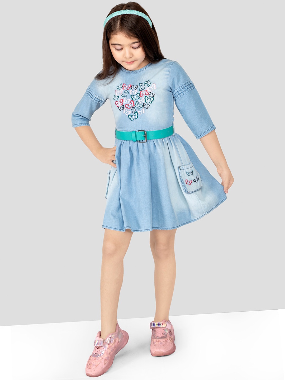 

BAESD Girls Embroidered Pure Cotton Denim A-Line Dress, Blue