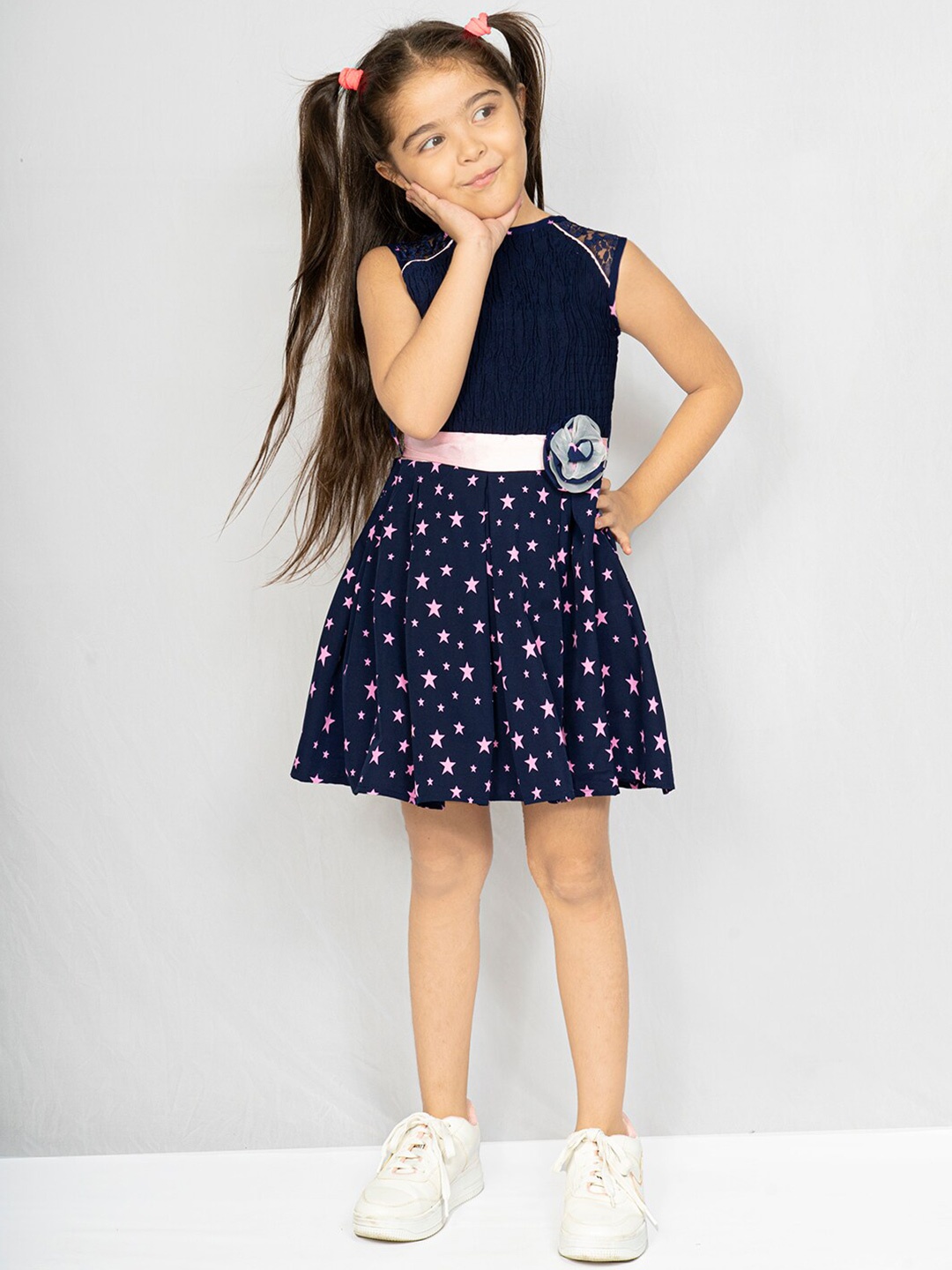 

BAESD Star Printed Crepe Smocked Fit & Flare Dress, Navy blue