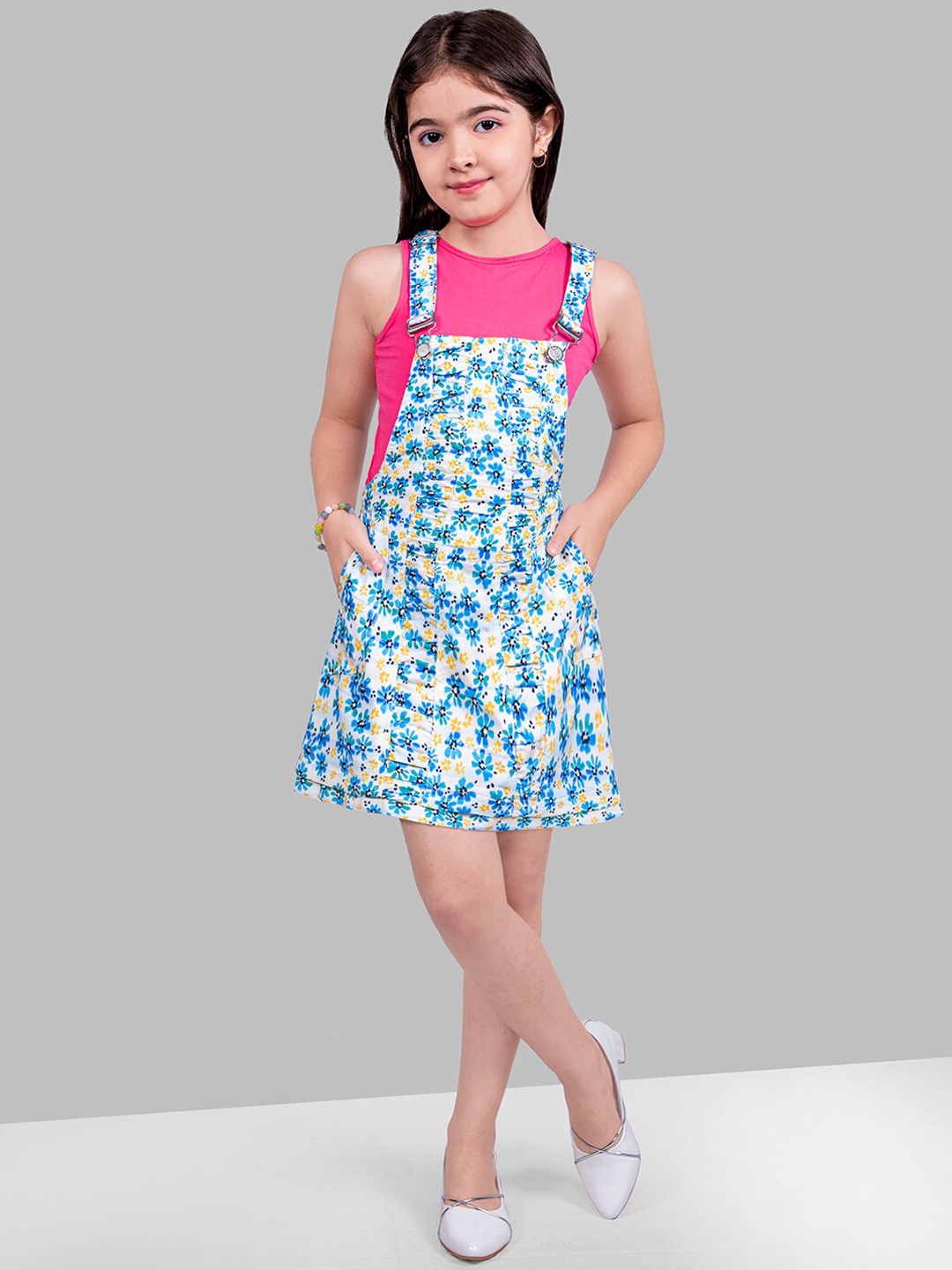 

BAESD FGirls Floral Printed Shoulder Straps Pinafore Dress With T-Shirt, Blue