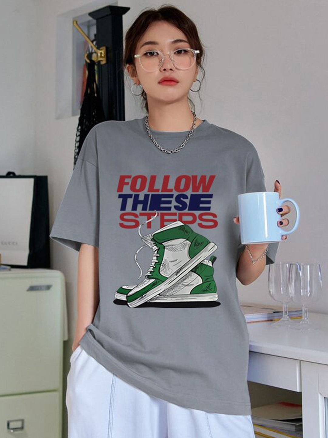 

CHKOKKO Typography Printed Drop-Shoulder Sleeves Cotton Oversized T-shirt, Grey